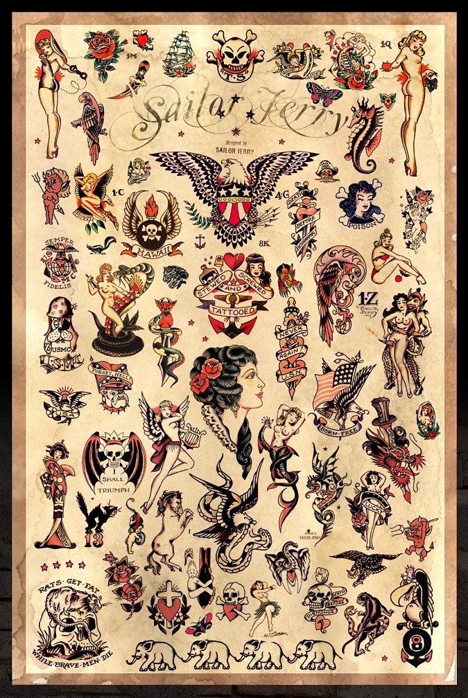 Posteroffice Sailor Jerry Tattoo Flash (Style C) Poster 24X36 (60.96 X 91.44 Cm) - A Certified Print With Holographic Sequential
