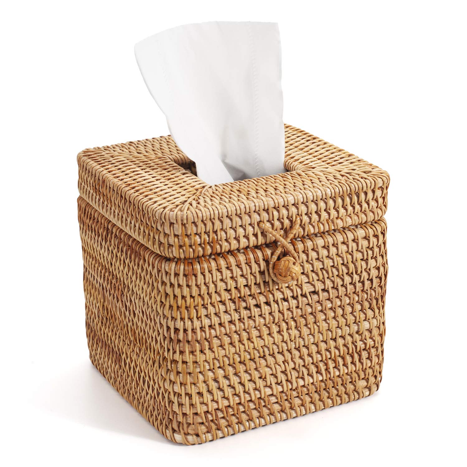 Rattan Square Tissue Box Cover, 5.7'' X 5.7'' X 5'', Decorative Woven Facial Tissue Holder With Hinged Top Lid, Natural Color