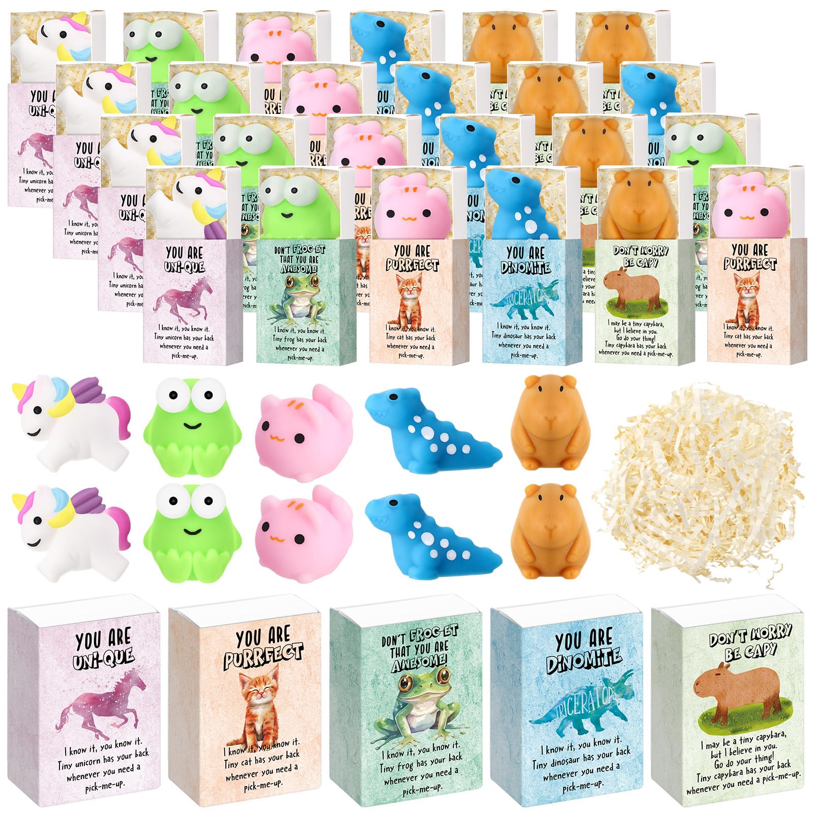 Wettarn 25 Sets Appreciation Gifts Cute Animal Stress Balls with Support Gift Boxes Inspirational Party Favors for Employee Cowo