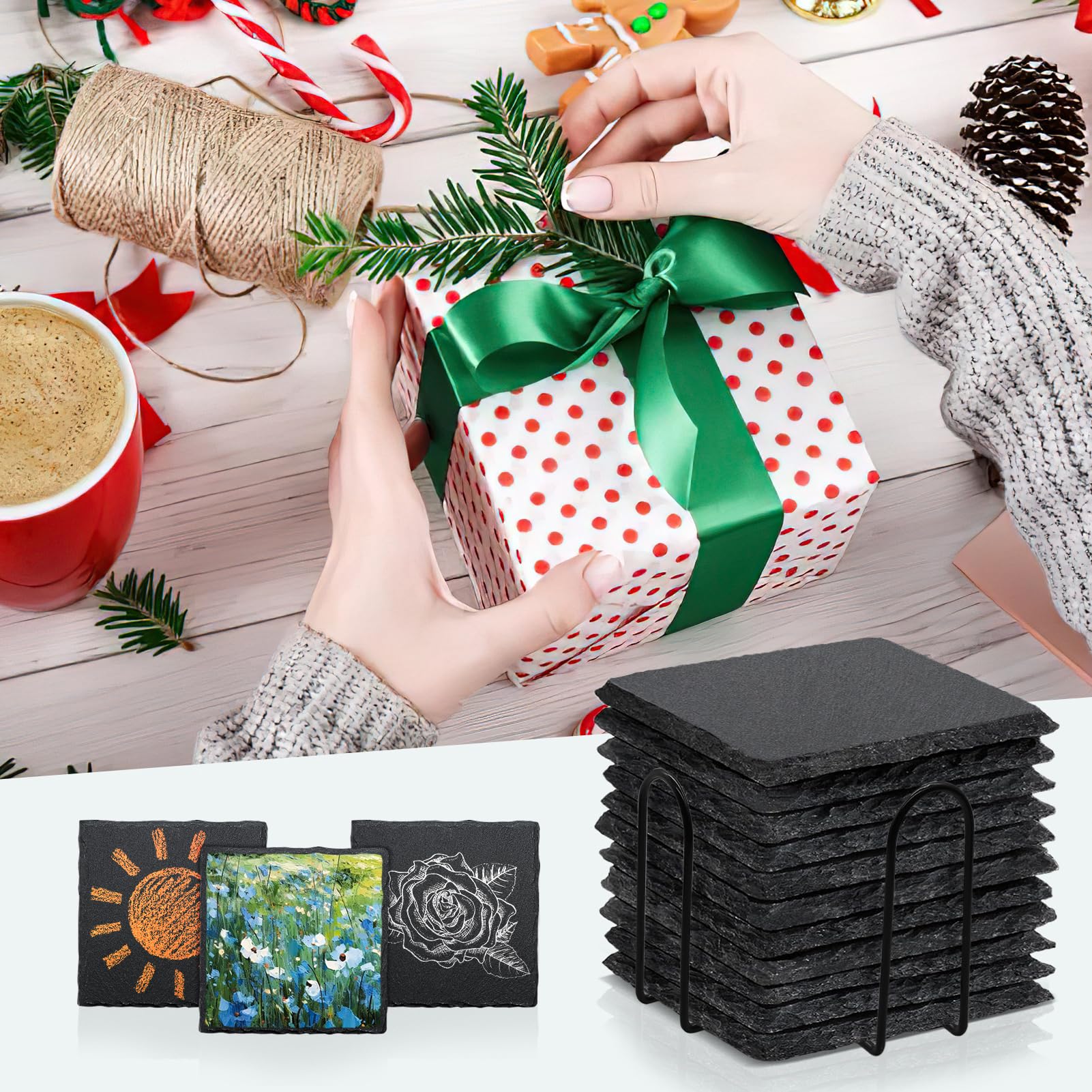 12 Pcs Square Slate Drink Coasters Set, Sijdiee 4 Inch Laser Engraving Black Slate Stone Coasters With Anti-Scratch Bottom And C