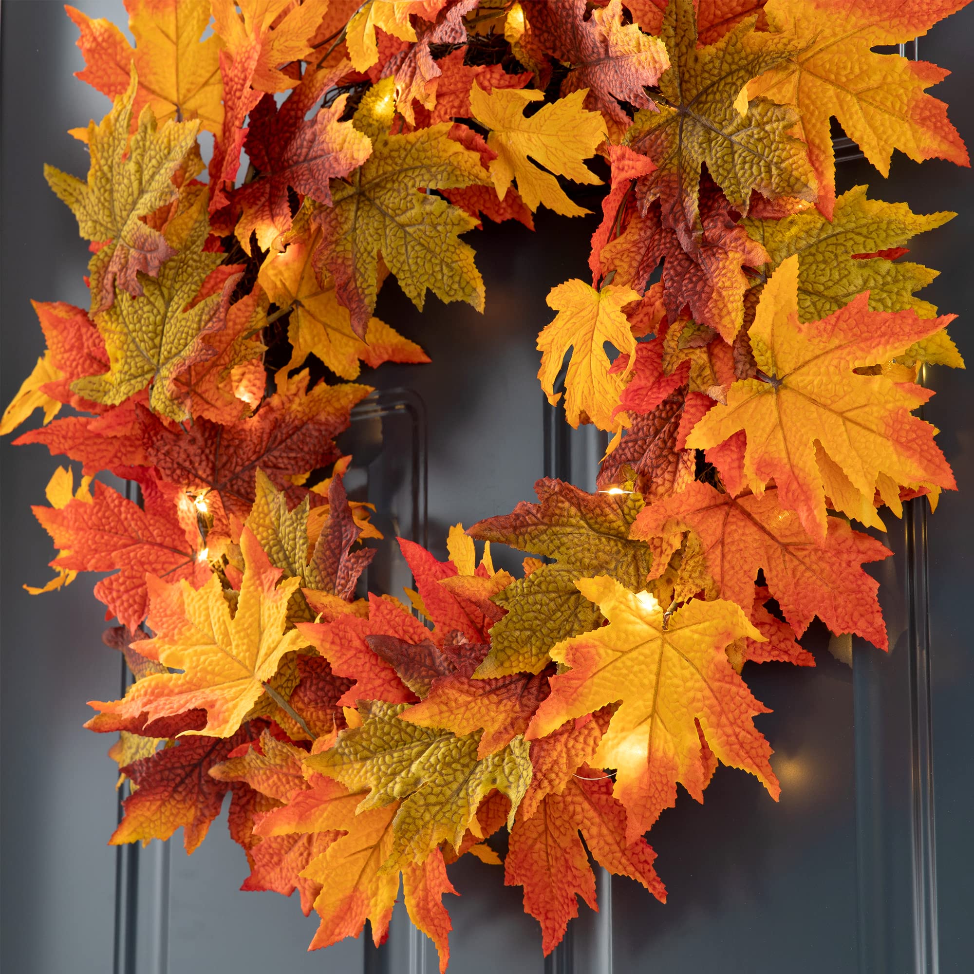 Glitzhome 24 Inch Pre-lit Fall Wreath, Autumn Wreath for Front Door, Lighted Maple Leaves Wreaths with Timer for Thanksgiving Ha