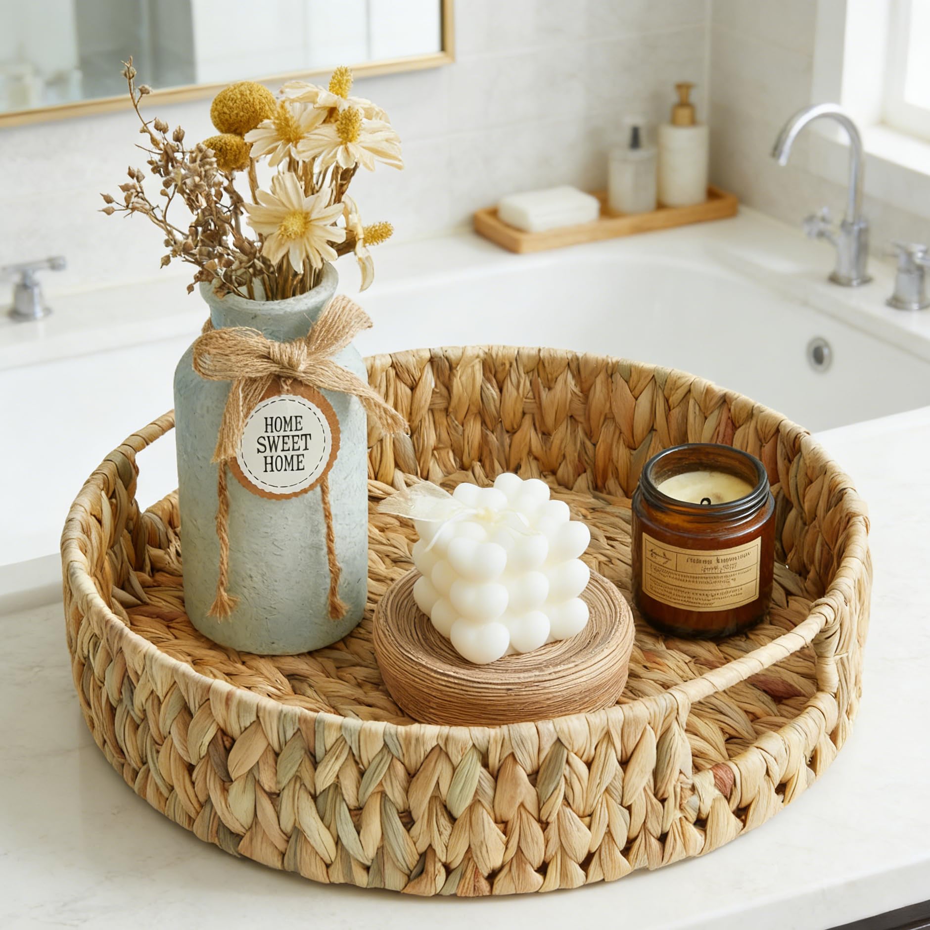 Suptinwear Round Water Hyacinth Serving Tray with Built-in Handles, Hand Woven Rattan Basket for Breakfast, Coffee, Tea, Snacks 