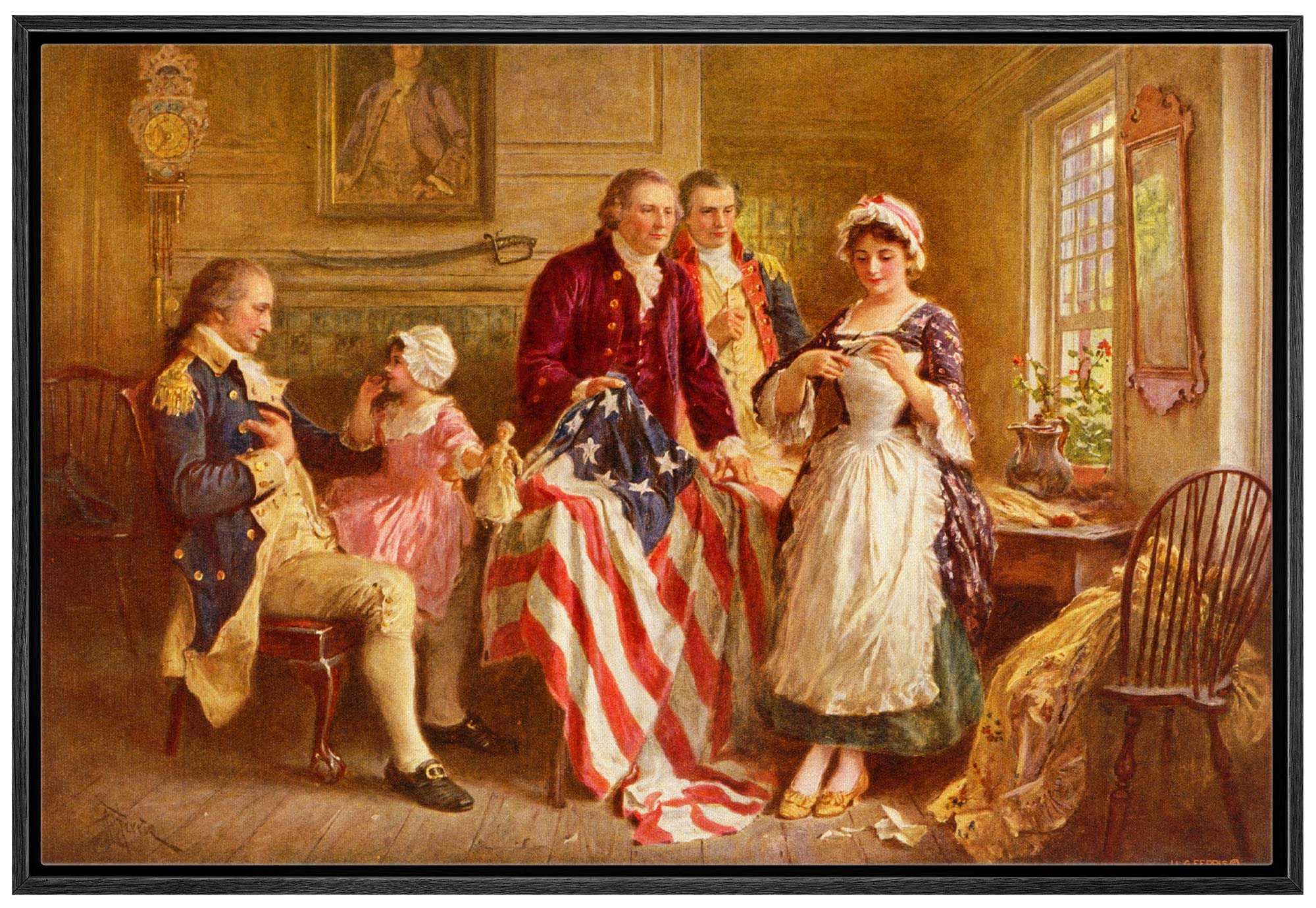 Wall26 - Betsy Ross 1777 By Jean Leon Gerome Ferris - Framed Canvas Print Wall Art Famous Painting Reproduction - 24''X36'' Blac