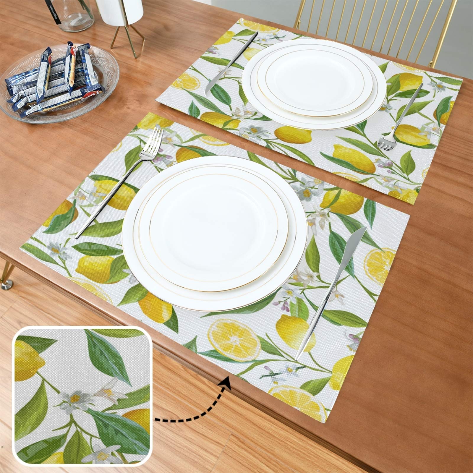 Lemon Flowers Placemats Set Of 6 Washable Non-Slip Burlap Table Mats Heat Resistant Place Mats For Home Kitchen Dining Party 12