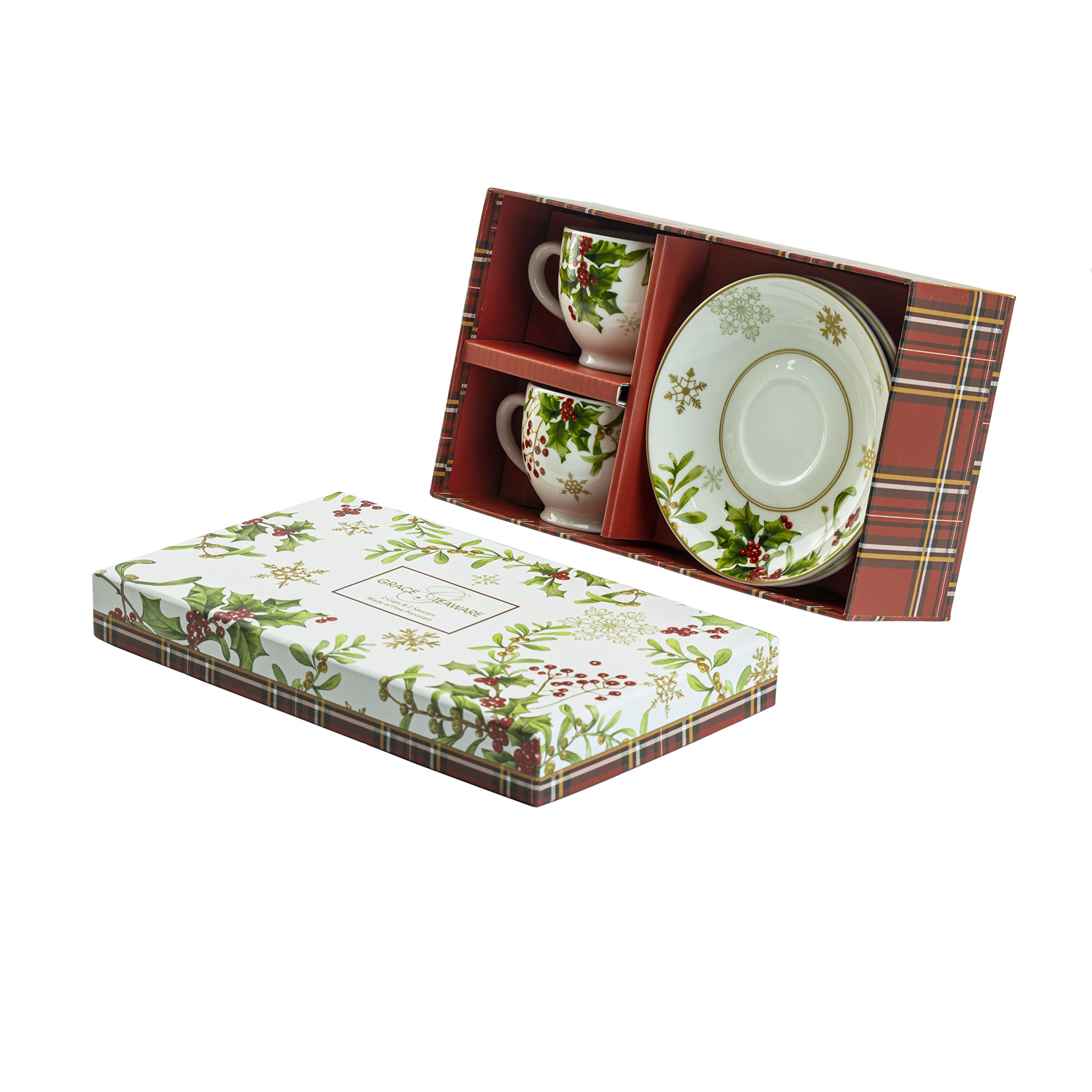 Gracie China Poinsettia Berry Porcelain 3-Ounce Set Of 2 Espresso Cup And Saucer Gift Boxed, Holiday Giftware