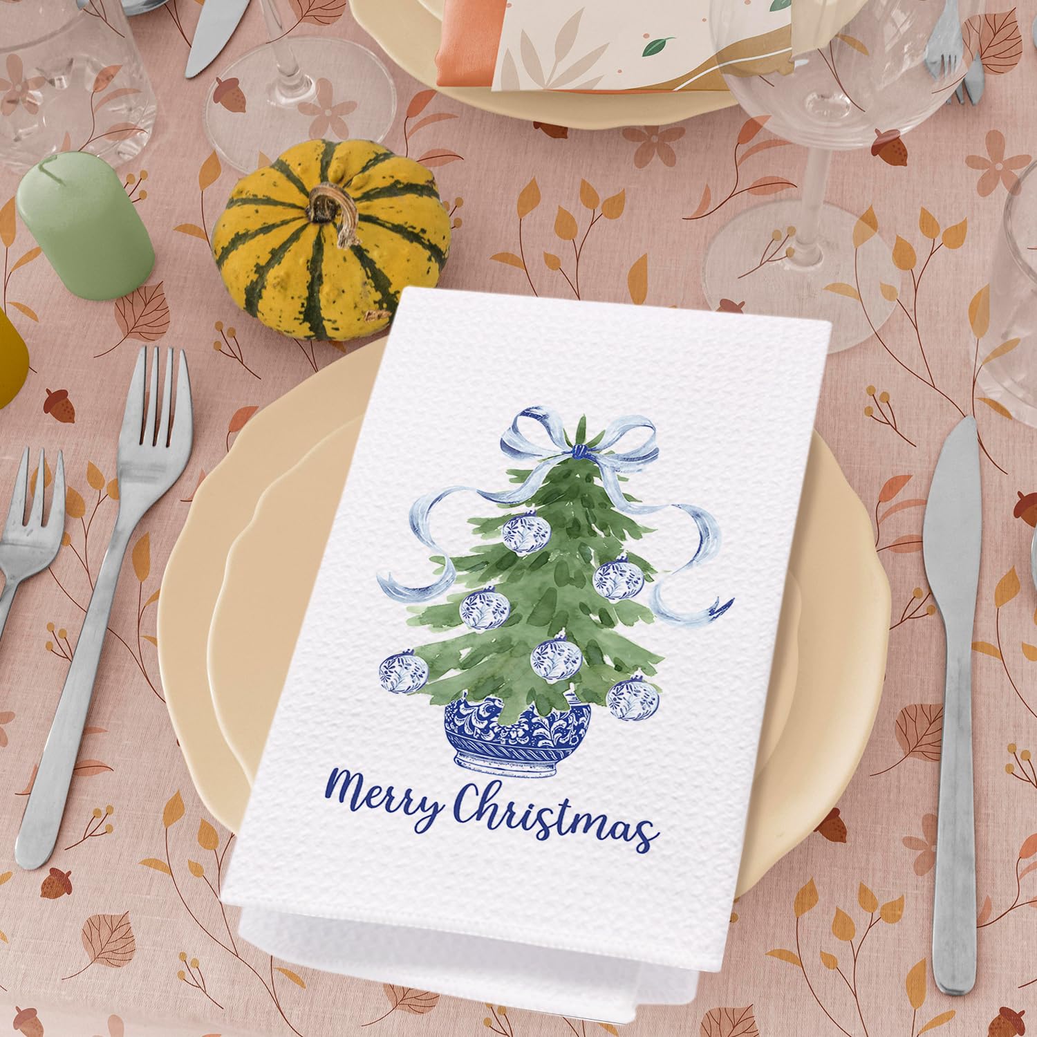Spbl&L Navy Blue Chinoiserie Christmas Kitchen Towels, Chinoiserie Decor, Navy Blue Bow Christmas Hand Towels For Bathroom, Chri