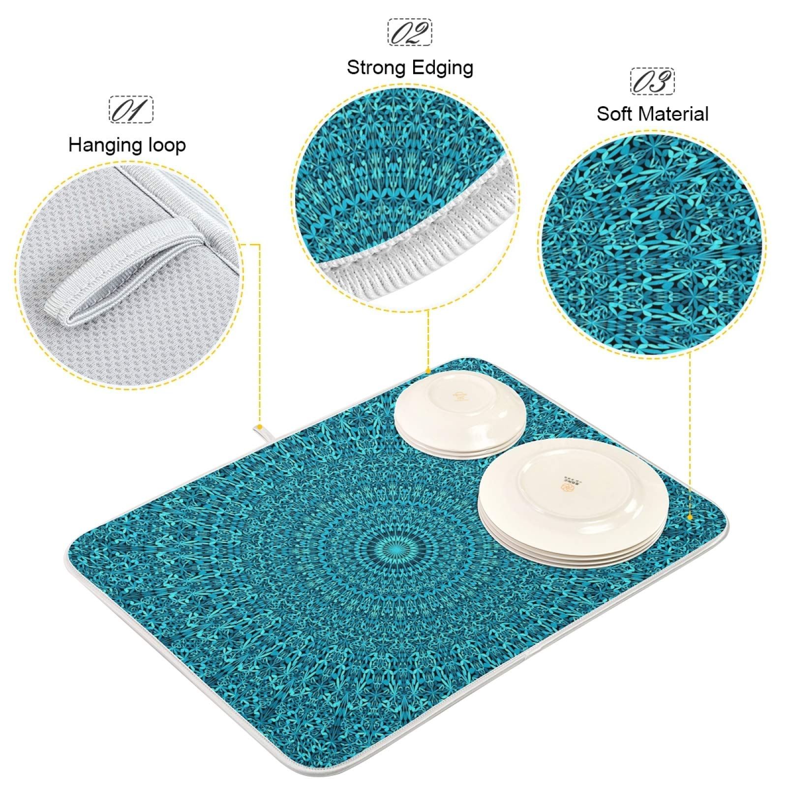 Super Absorbent Dish Drying Mat Microfiber Fast-Drying Dish Mat 16'' X 18'' Kitchen Dish Drying Pad Mandala Turquoise Teal Blue