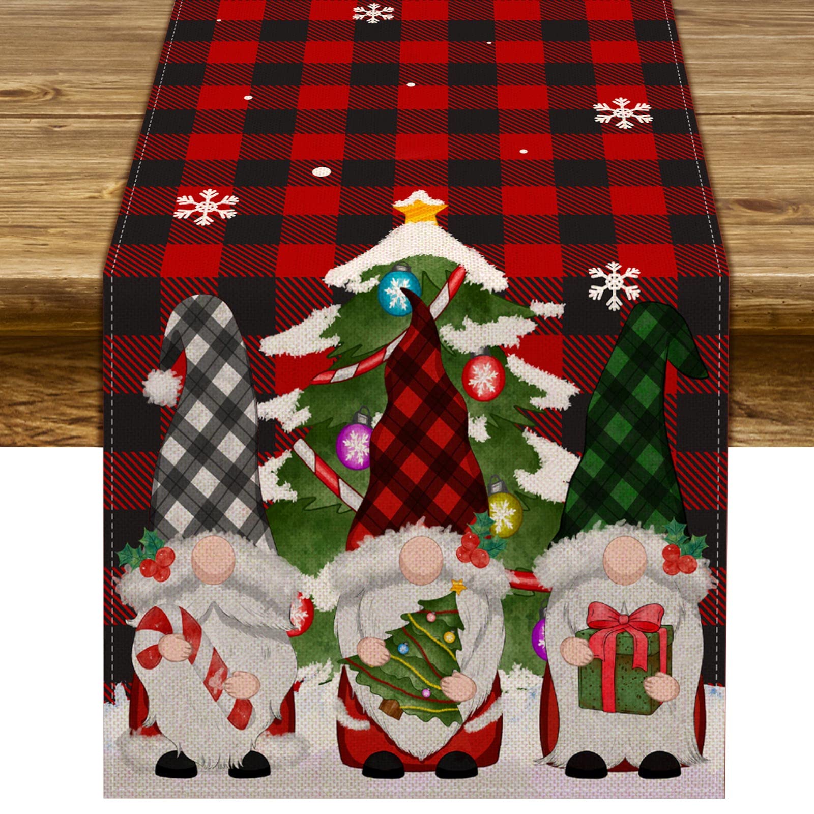Pudodo Christmas Gnome Table Runner Buffalo Plaid Check Xmas Table Decor Swedish Winter Holiday Kitchen Dining Home Decorations