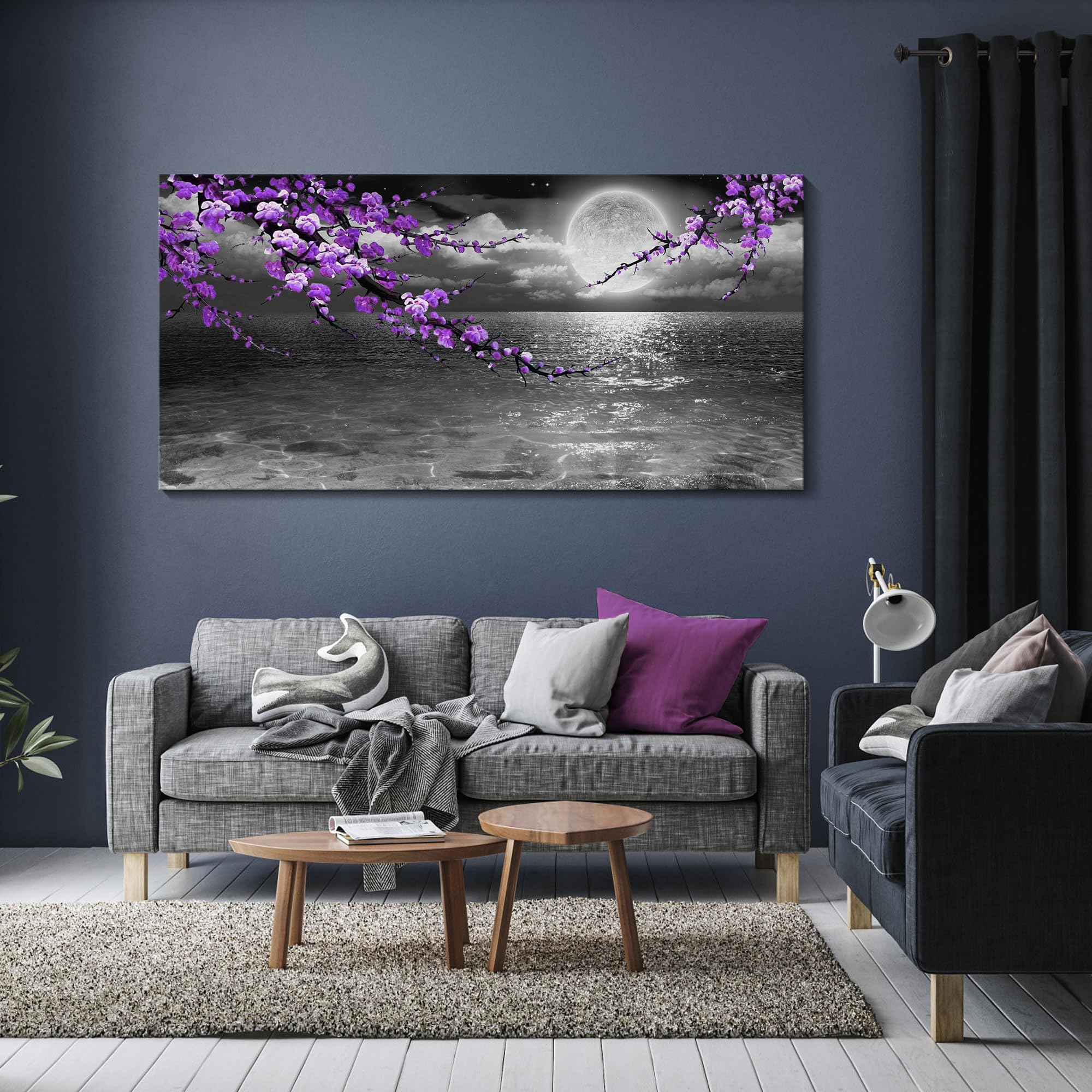 Large Purple Wall Art Decor For Living Room Bedroom Framed Black And White Seascape Full Moon Purple Flower Painting Canvas Pict