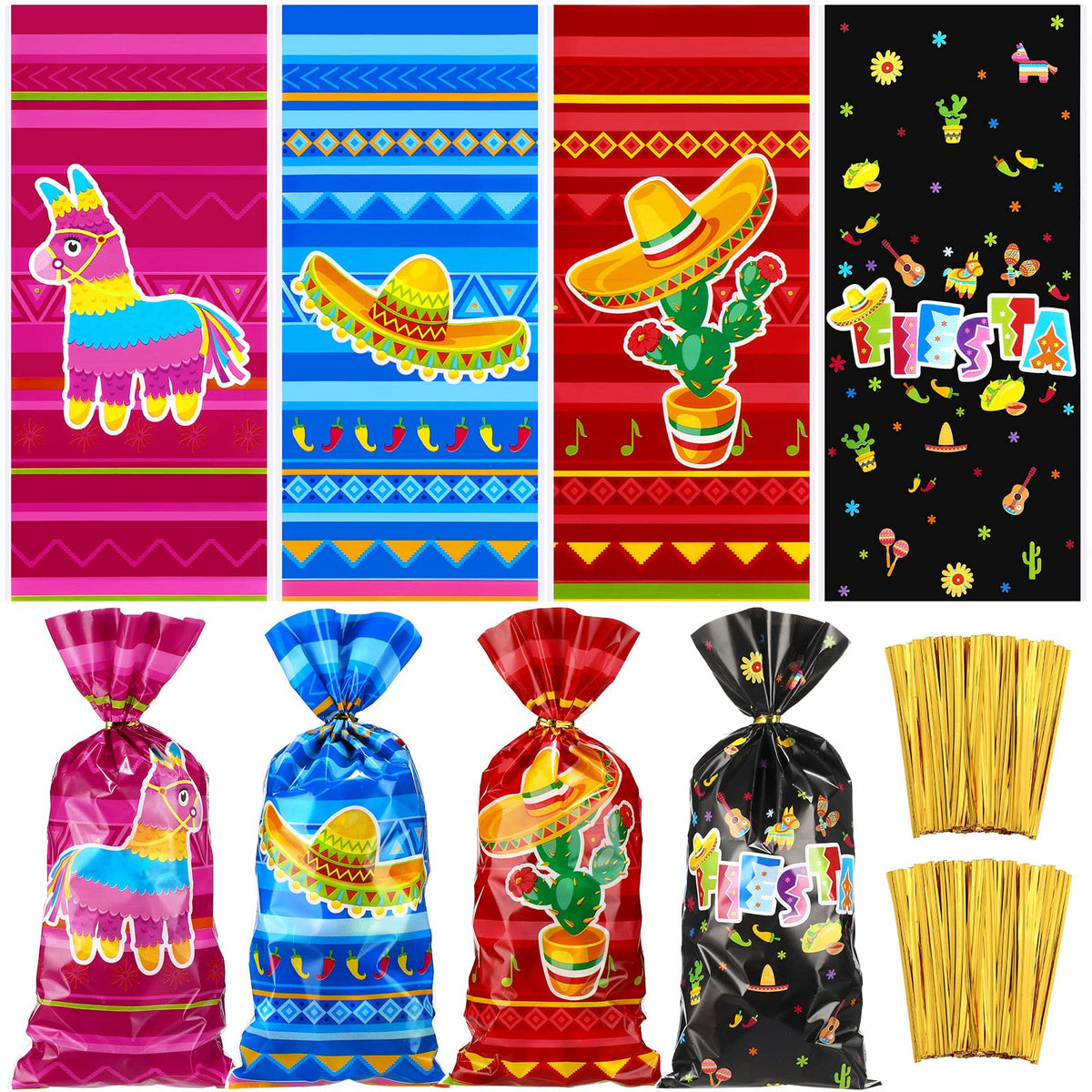 120 Pieces Mexican Party Treat Bags Mexican Theme Party Favor Cello Plastic Candy Goodie Bag With 150 Golden Twist Ties For Part