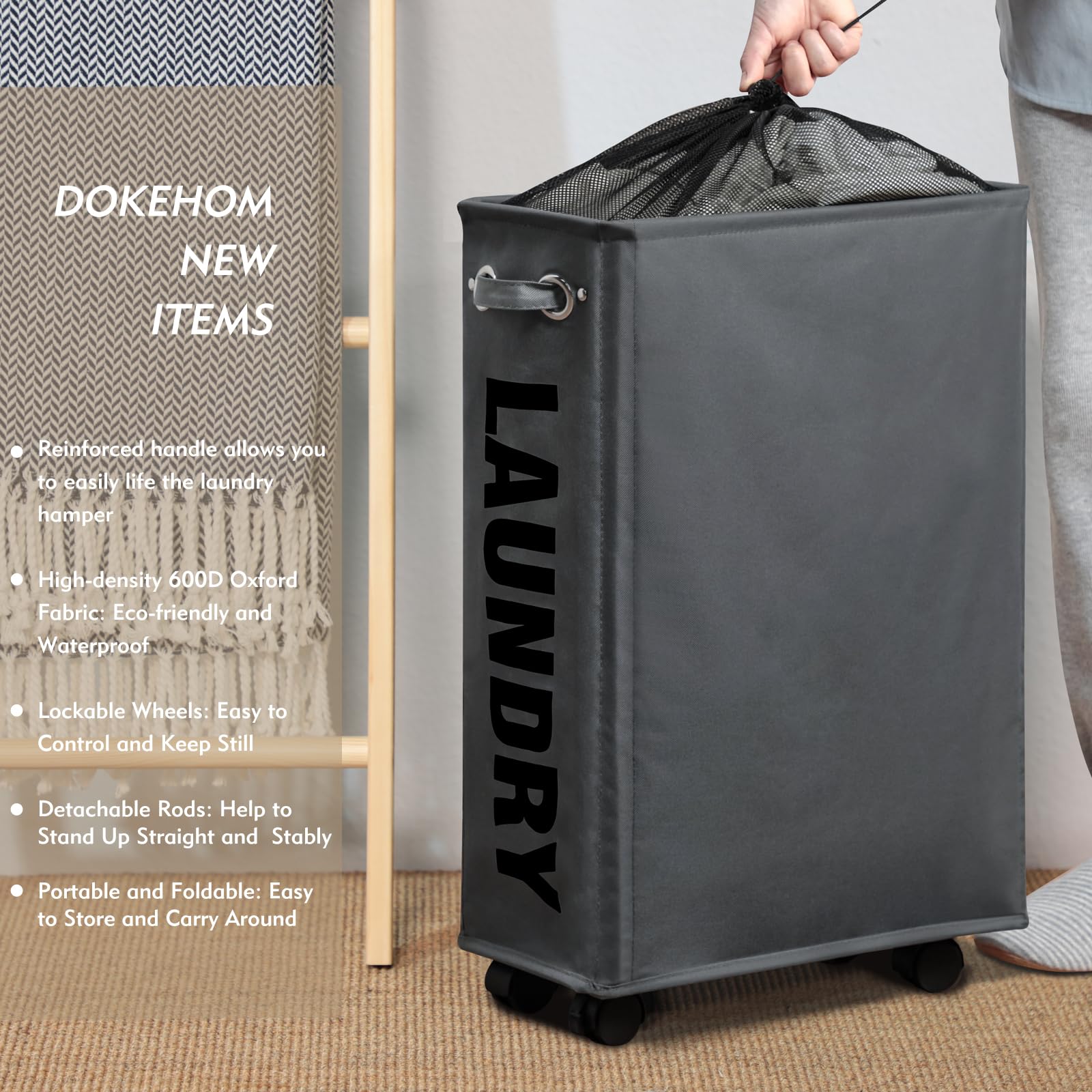 DOKEHOM 25-Inches Slim Laundry Basket on Wheels  collapsible Rolling Laundry Hamper  Foldable Narrow corner clothes Storage Bins (Dark grey)