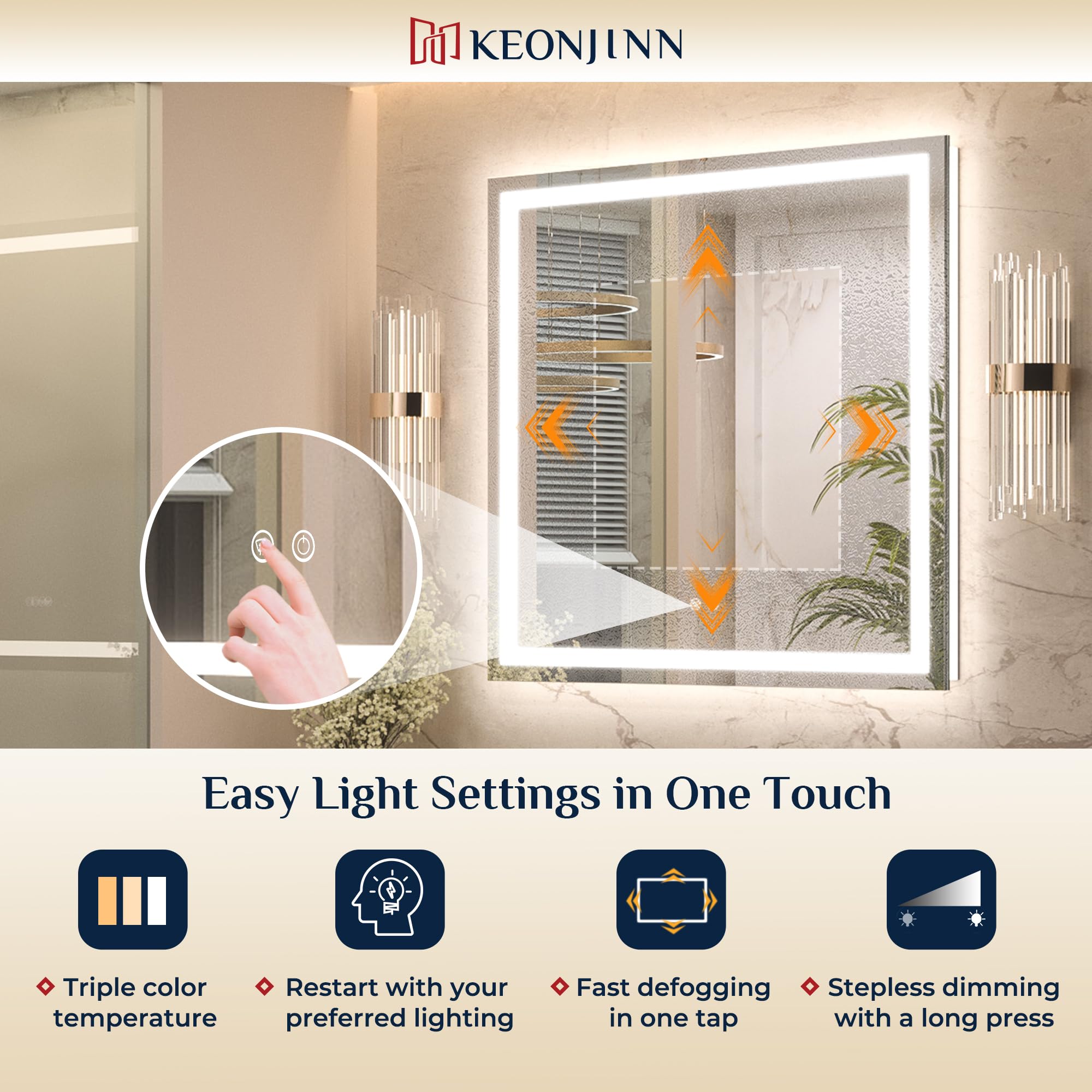 Keonjinn 48     X 36     Lighted Mirror For Bathroom Wall, Led Mirror With Frontlit & Backlit, Bathroom Mirror With Lights, Dimm