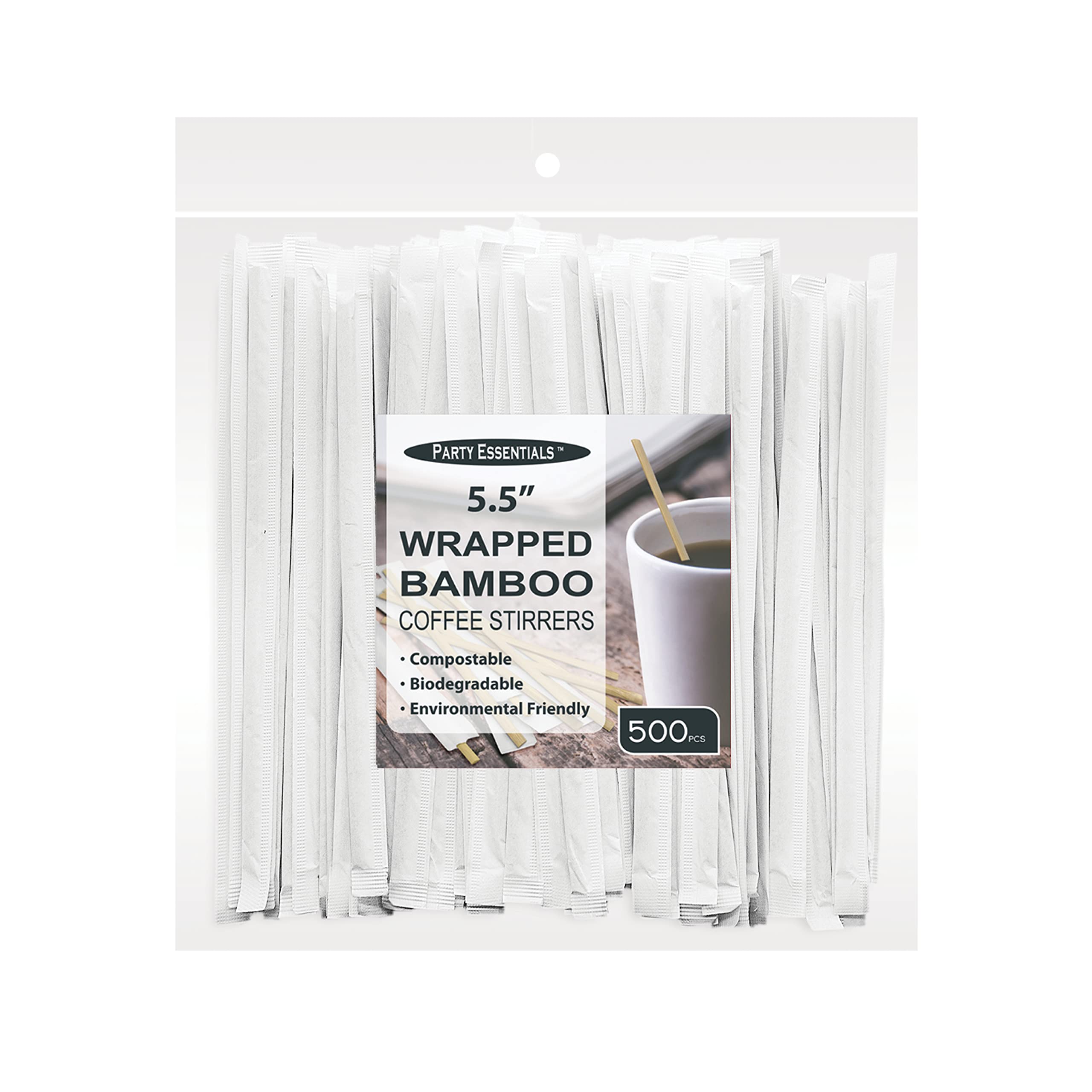 Party Essentials Bamboo Coffee Stirrers/Beverage Stir Sticks, 5.5'' Individually Wrapped, 500-Count, Natural