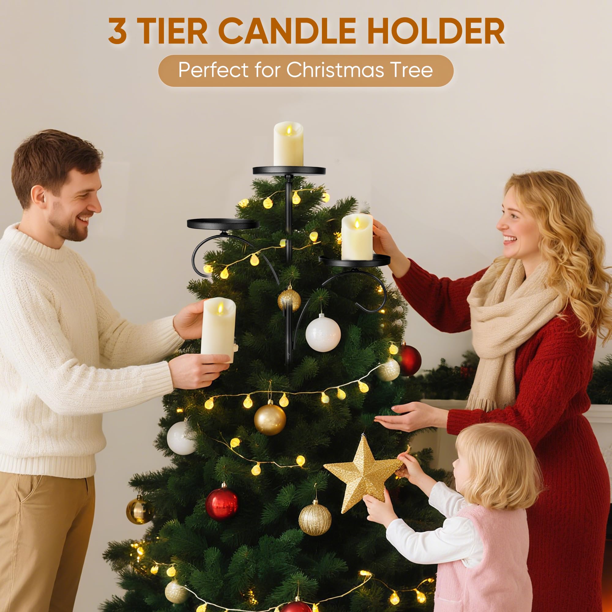 Christmas Tree Topper, 35.4'' Triple Topper Candle Holder, 3 Tier Black Candle Holder for Christmas Tree, Light up for Indoor Be