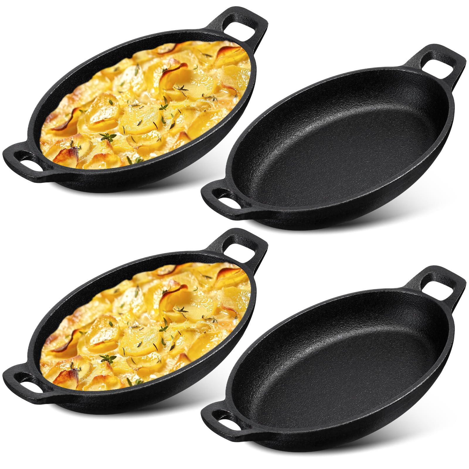 Mifoci 4 Pcs 16 Oz 8.7'' X 4.7'' Oval Serving Dish Mini Cast Iron Skillet Cast Iron Baking Pan Sizzling Plate Matte Black Gratin