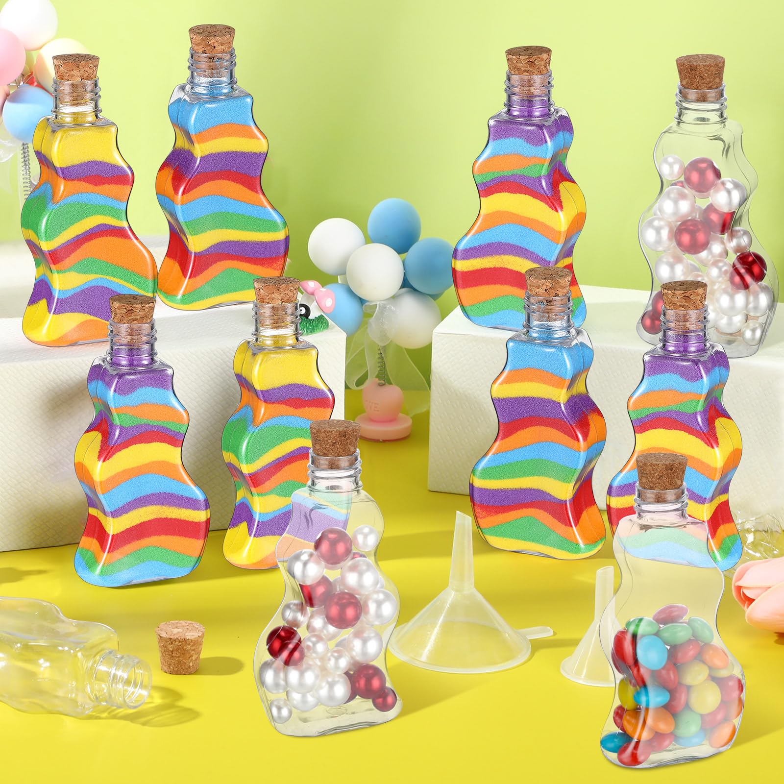 Nuenen Plastic Sand Art Bottles with Corks Wave Shaped Sand Art Transparent Containers with Mini Funnels for Wedding Invitations