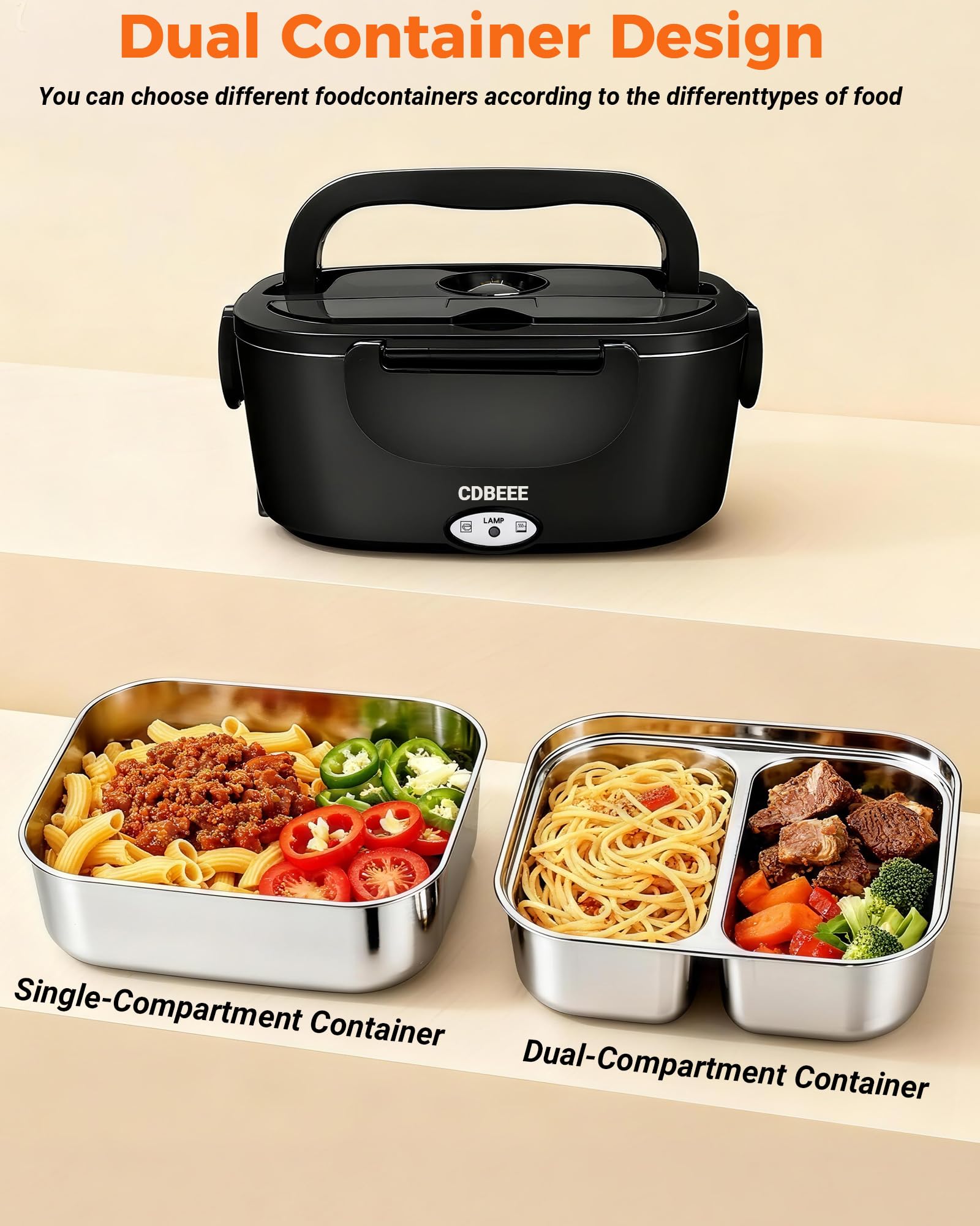 Electric Lunch Box, 33OZ Portable Food Warmer | 100W Rapid Heating & Leak-Proof 304 Stainless Steel | 3-in-1(Car 12V/24V & Home