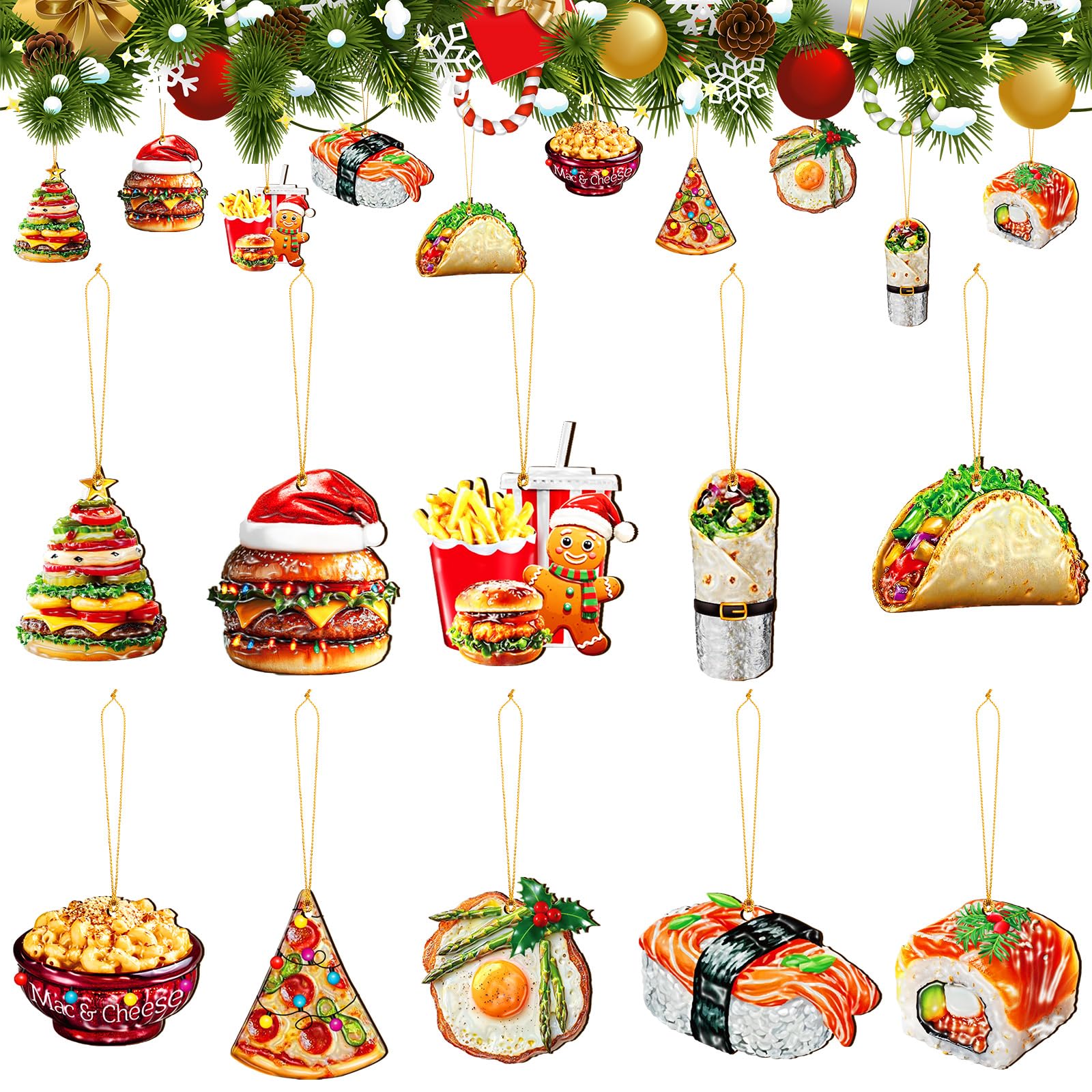 Vercraft 20 Pcs Food Christmas Ornaments with Santa Hat Flat Wooden Kitchen Cuisine Cutouts Burgers Pizza Sushi Tree Ornaments w