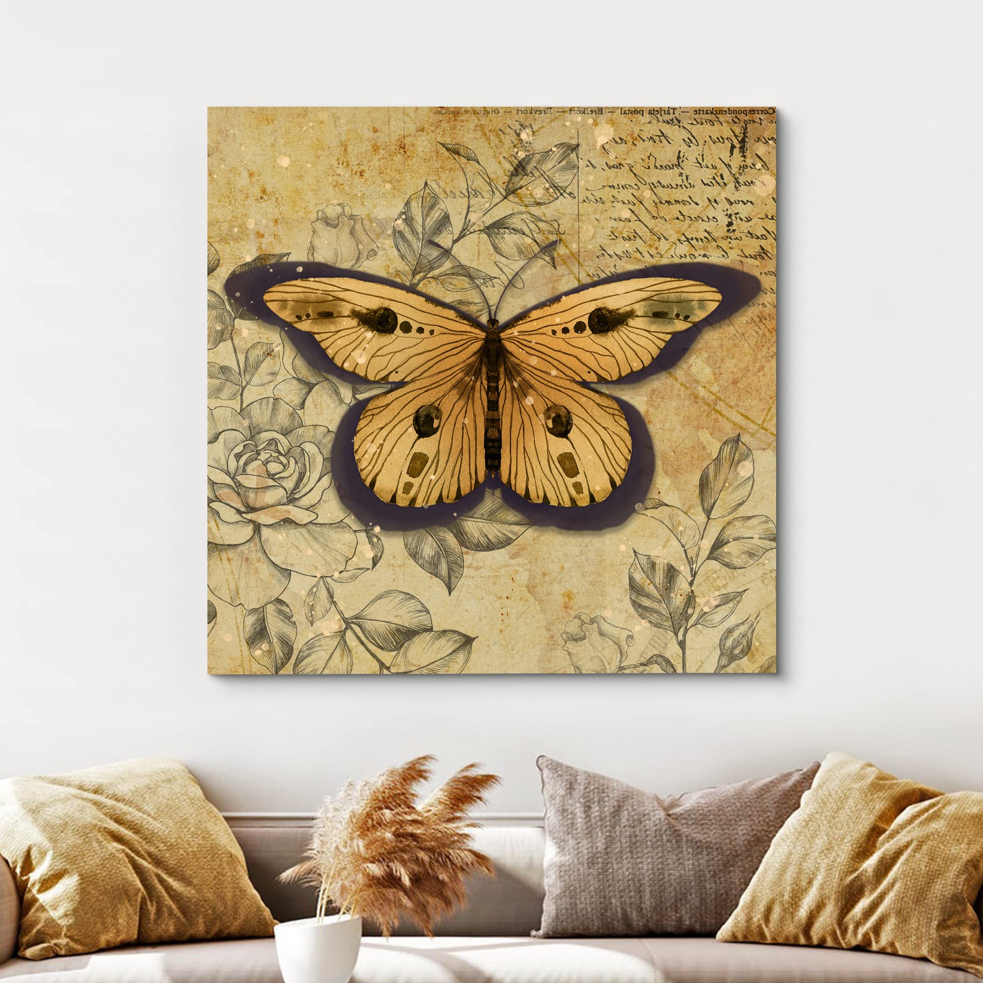 Wall26 Canvas Print Wall Art Yellow Monarch Butterfly Floral Pattern Nature Wilderness Rustic Modern Art Farmhouse Decorative An