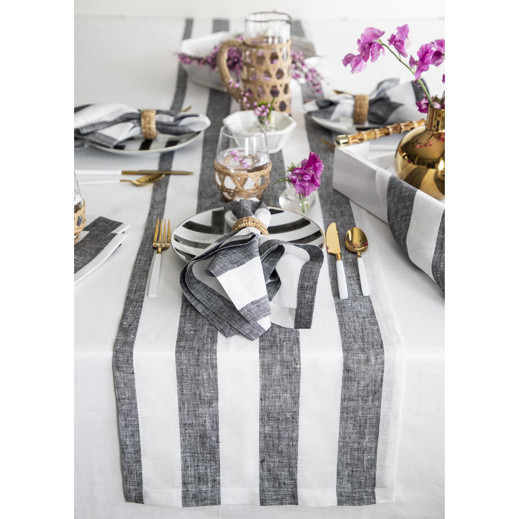 Solino Home Linen Stripe Table Runner 36 Inch - 100% Pure Linen Black And White Table Runner 14 X 36 Inch - Cabana Stripe Farmho