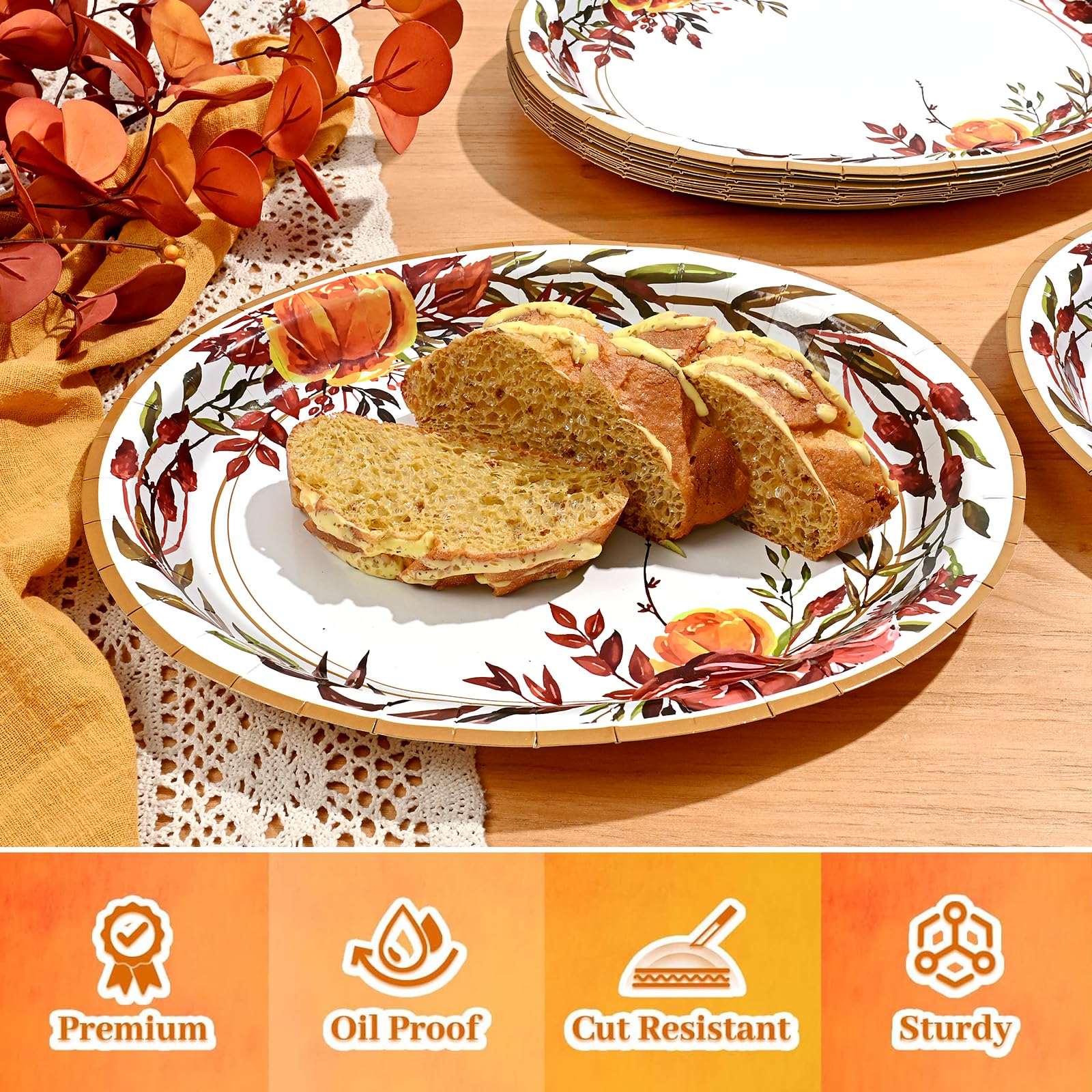Homlouue 50 PCS 10  12inch Thanksgiving Paper Plates, Autumn Flower Wreath Oval Plate, Fall Paper Plates Disposable for Fall Tha