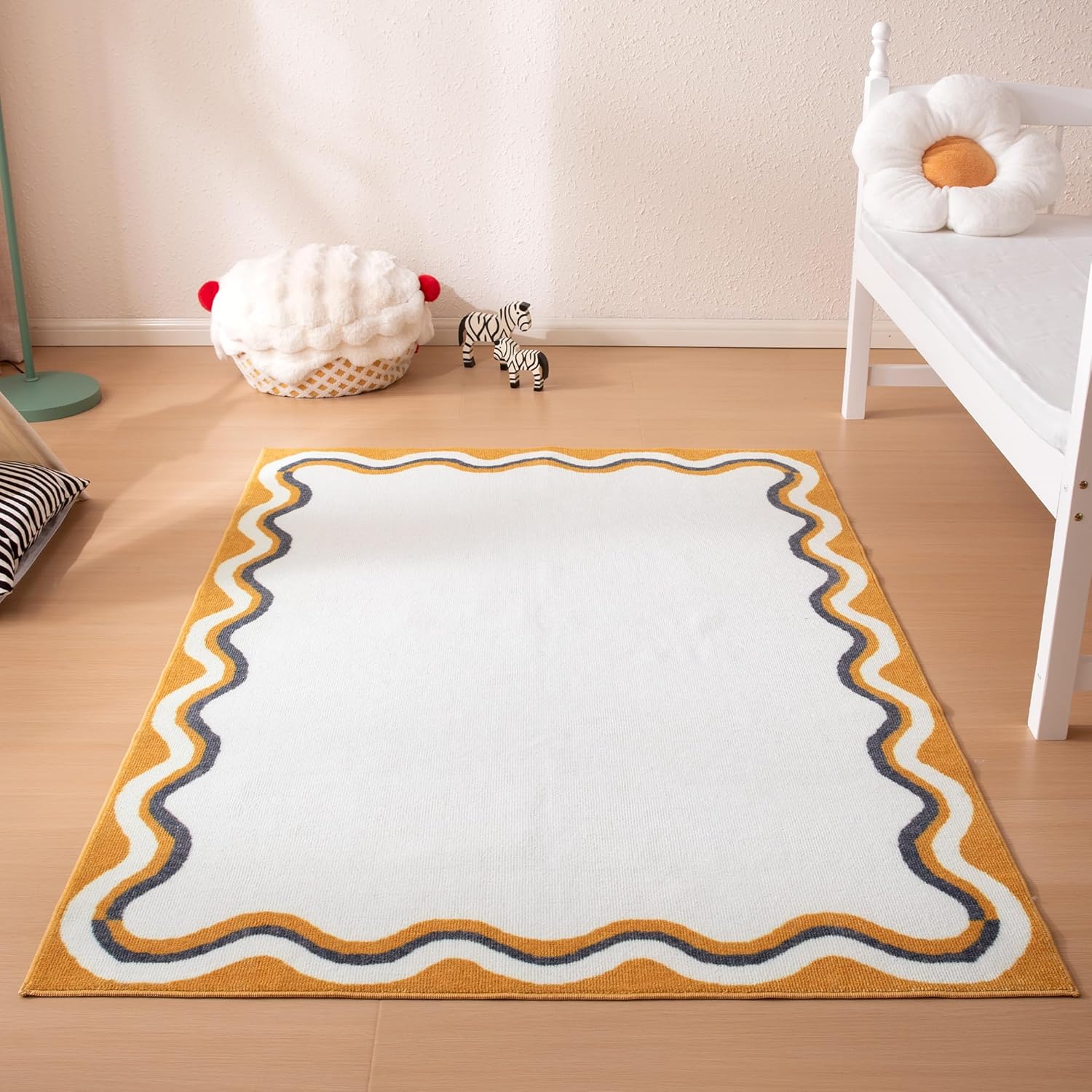 Machine Washable Non Slip Kids Rugs for Living Room & Bedroom - Beige Yellow