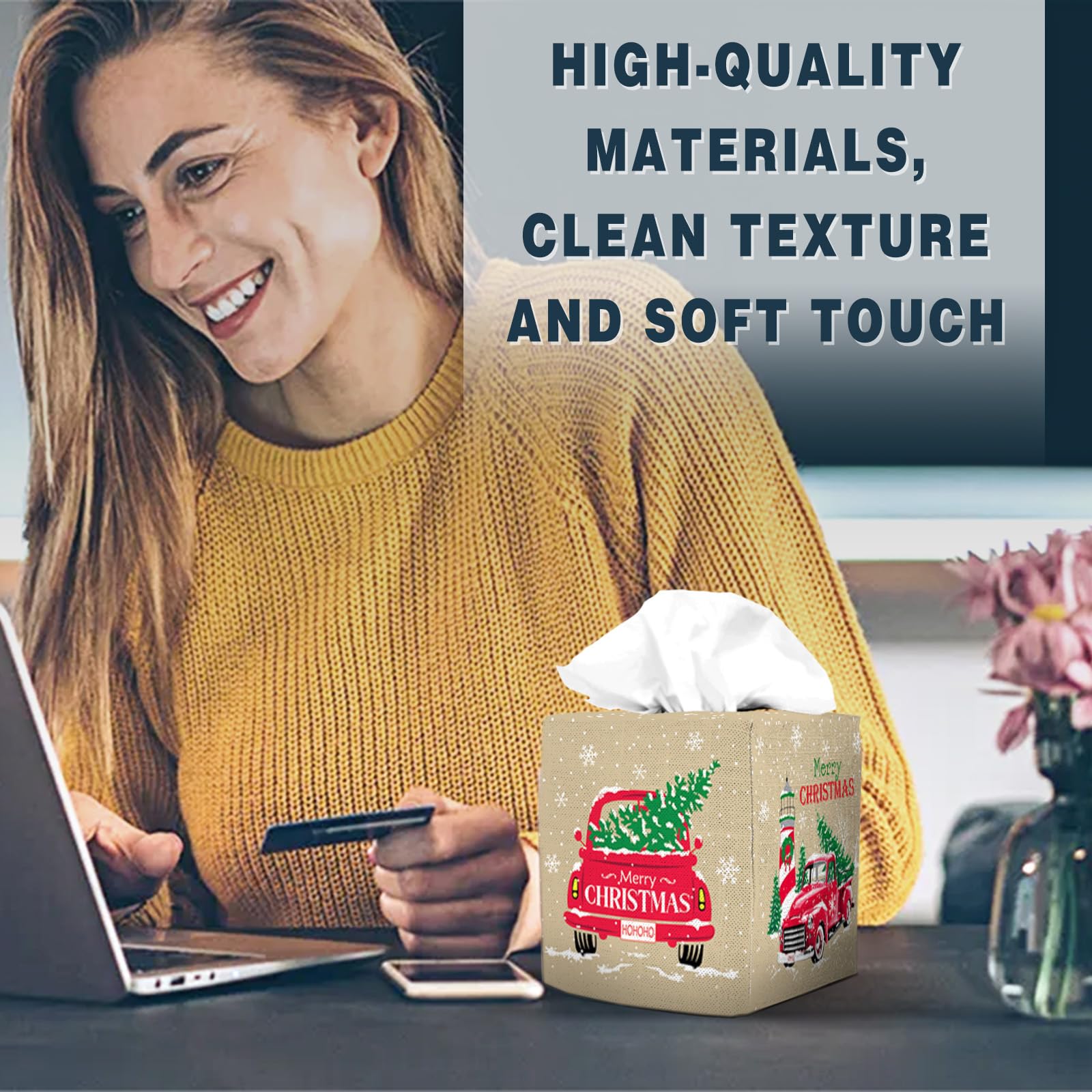 Tissue Box Cover Square Canvas Decorative Tissue Box Holder Cute Funny Cube Tissue Case Cover-Xmas Decor Christmas Car Tissue Bo