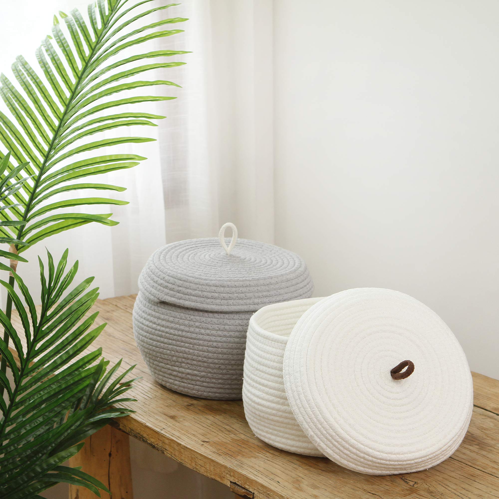 Sea Team Round Cotton Rope Storage Basket With Lid, Decorative Woven Storage Bin, Pot, Caddy, Organizer, Container For Snacks, T
