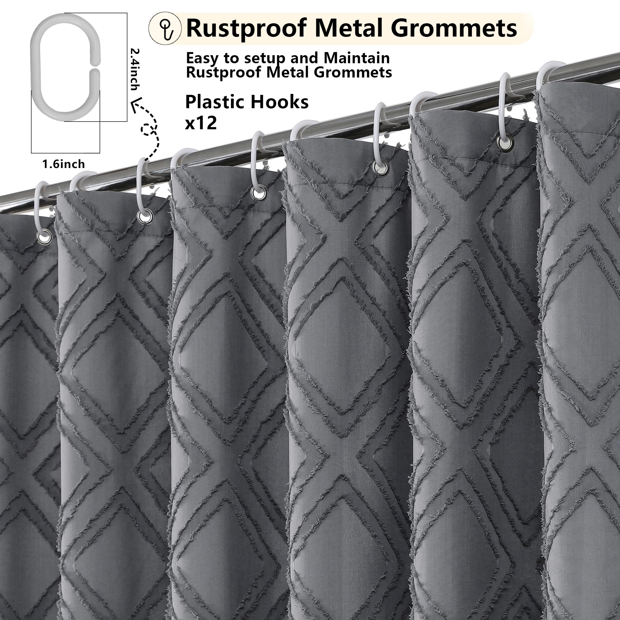 Owenie Solid Grey Fabric Shower Curtain For Bathroom, Farmhouse Boho Shower Curtain- Soft Cloth & Hotel Spa Quality, Machine Was