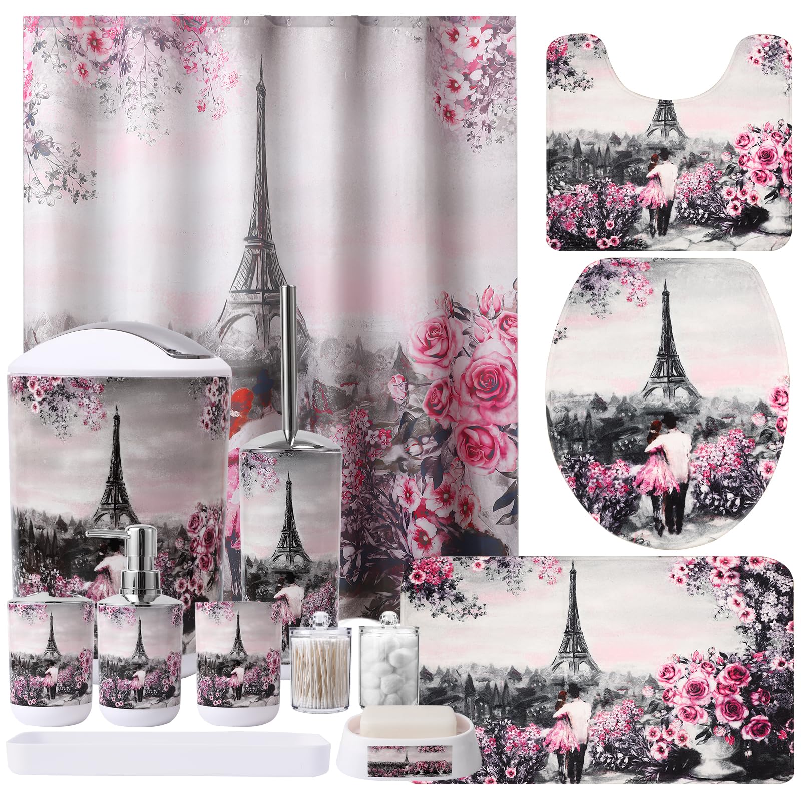 Pink Paris Bathroom Accessories Set With Shower Curtain Bath Rugs,13 Pcs Bath Sets With Trash Can, Toothbrush Holder, Cup, Lotio