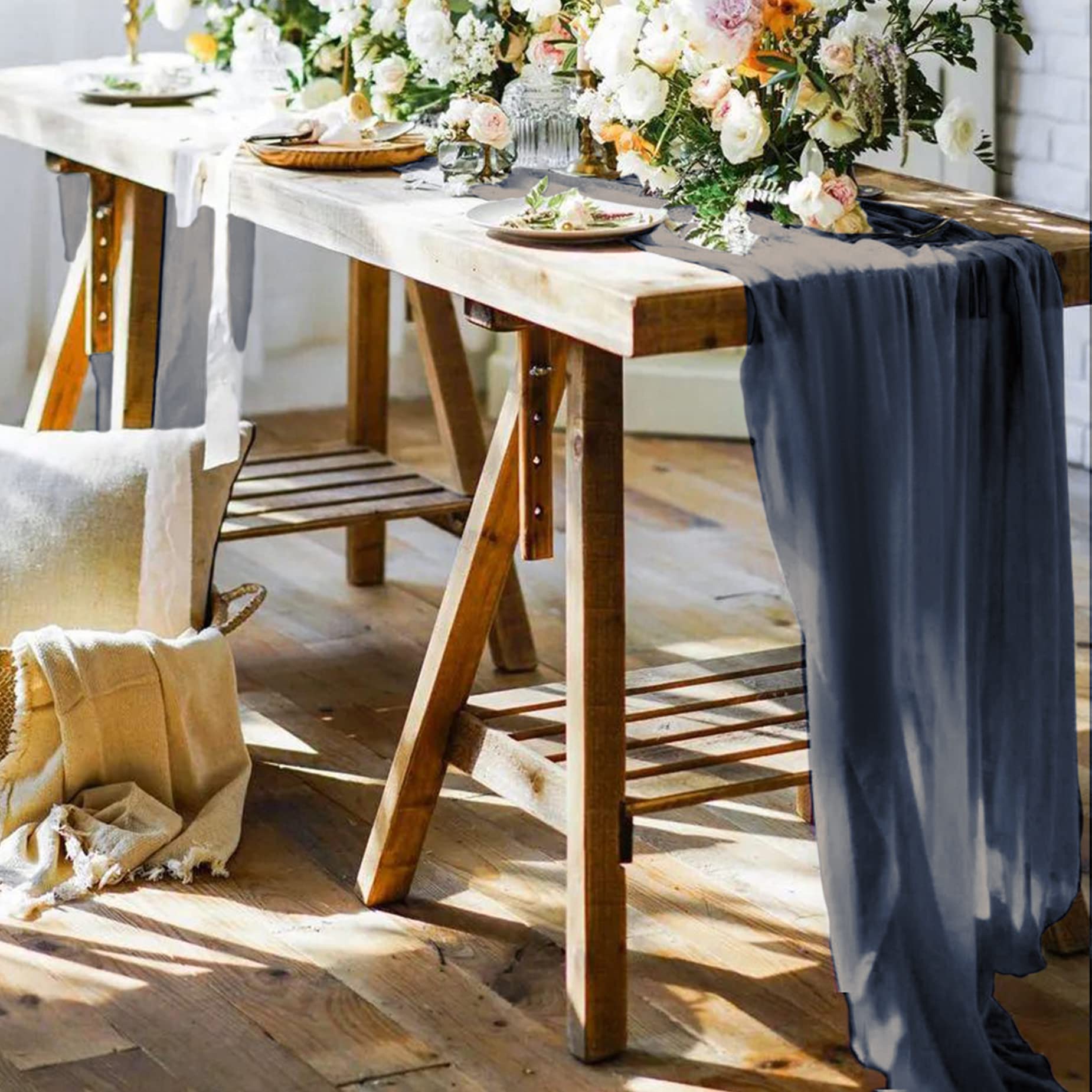 2 Pack Navy Blue Cheesecloth Table Runners, 10Ft Boho Gauze Table Runner Rustic Wedding Cheese Cloths Decor For Bridal Baby Show