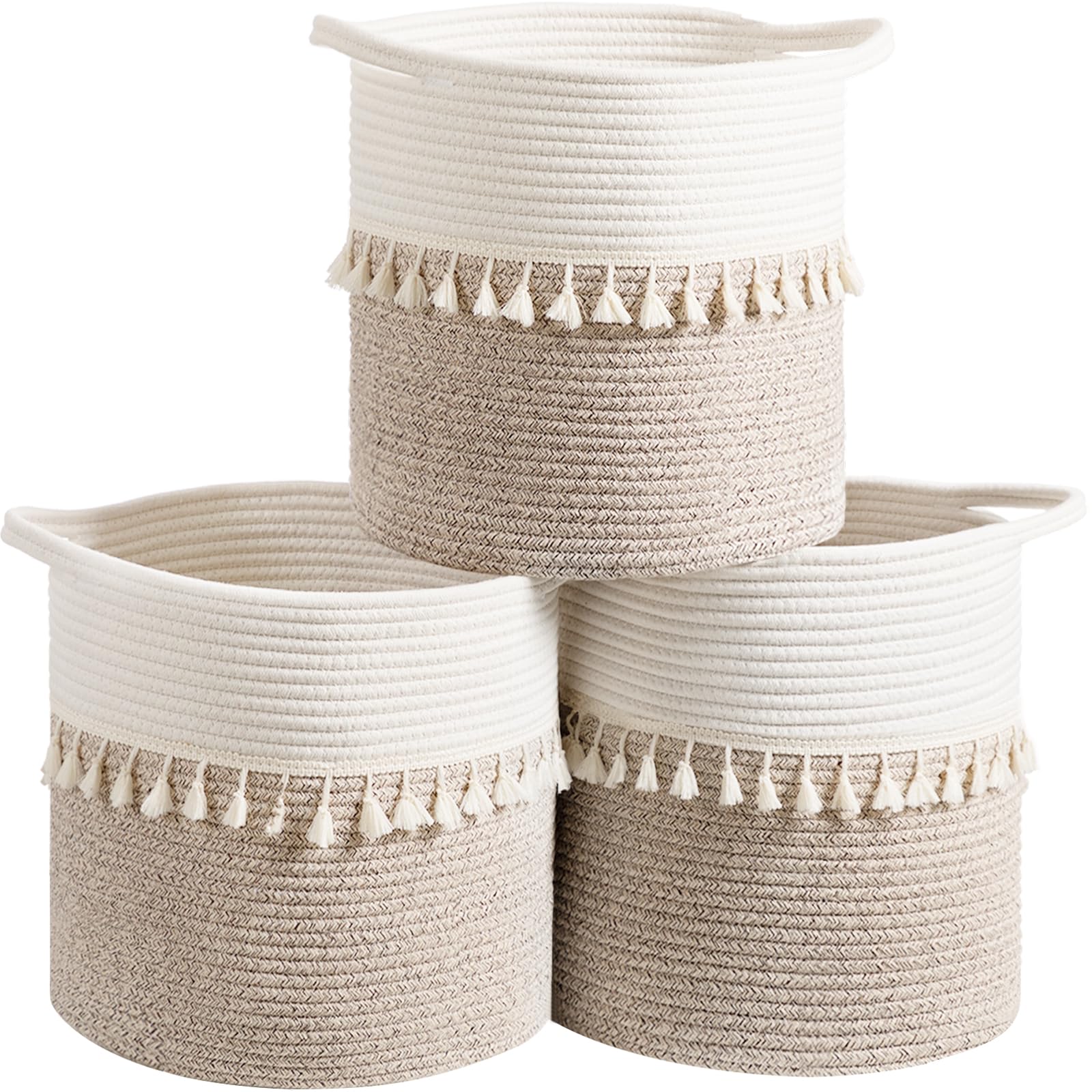 Danpinera 11 Inch Storage Baskets Set Of 3, Cotton Woven Baskets For Storage With Strong Handles & Stylish Tassel, Storage Bins,