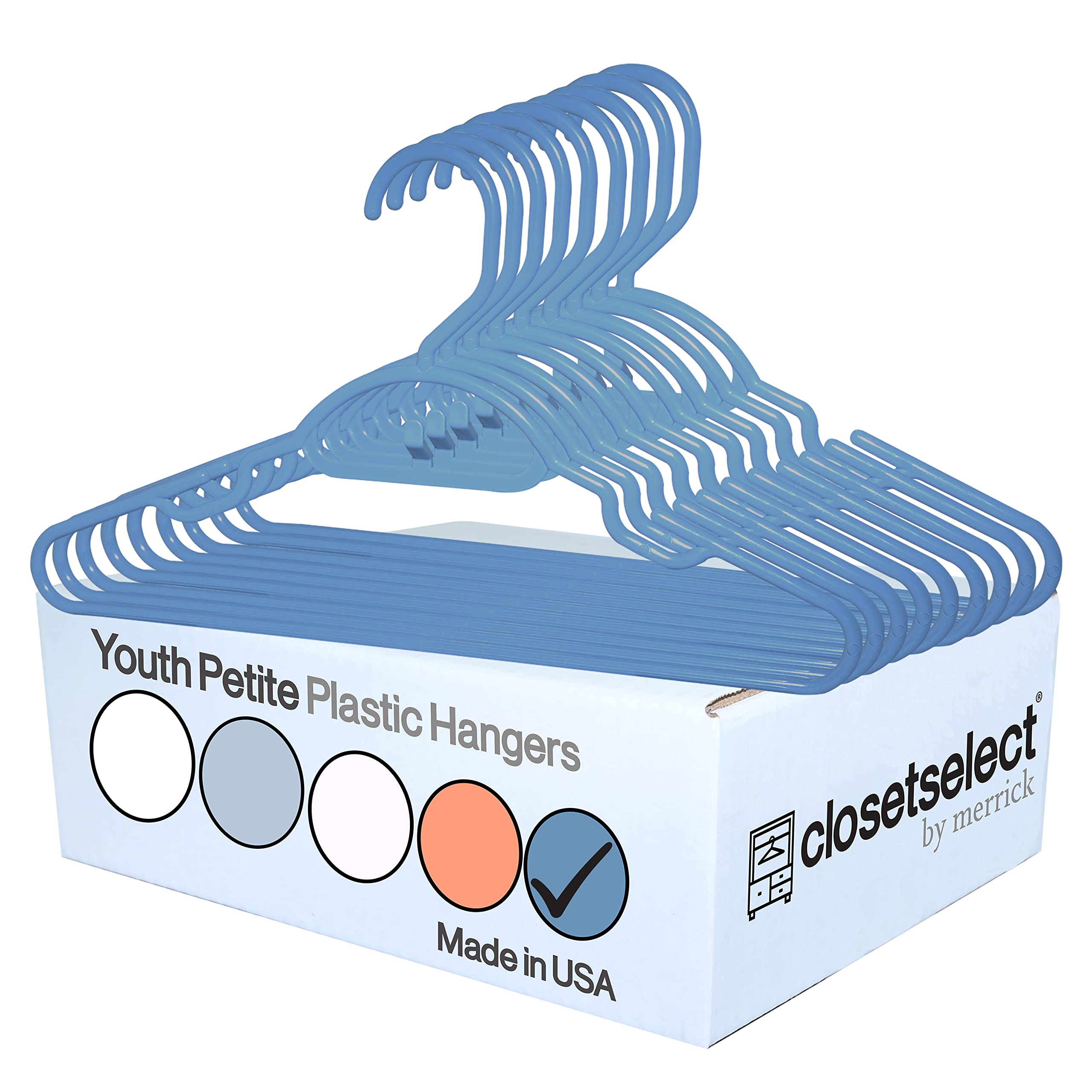 30 Pk Blue Youth Petite Plastic Hangers For Children Clothes Sizes 8 To 14, Petite,Teen, Preteen, Junior, 30 Pack (Waltz Blue)