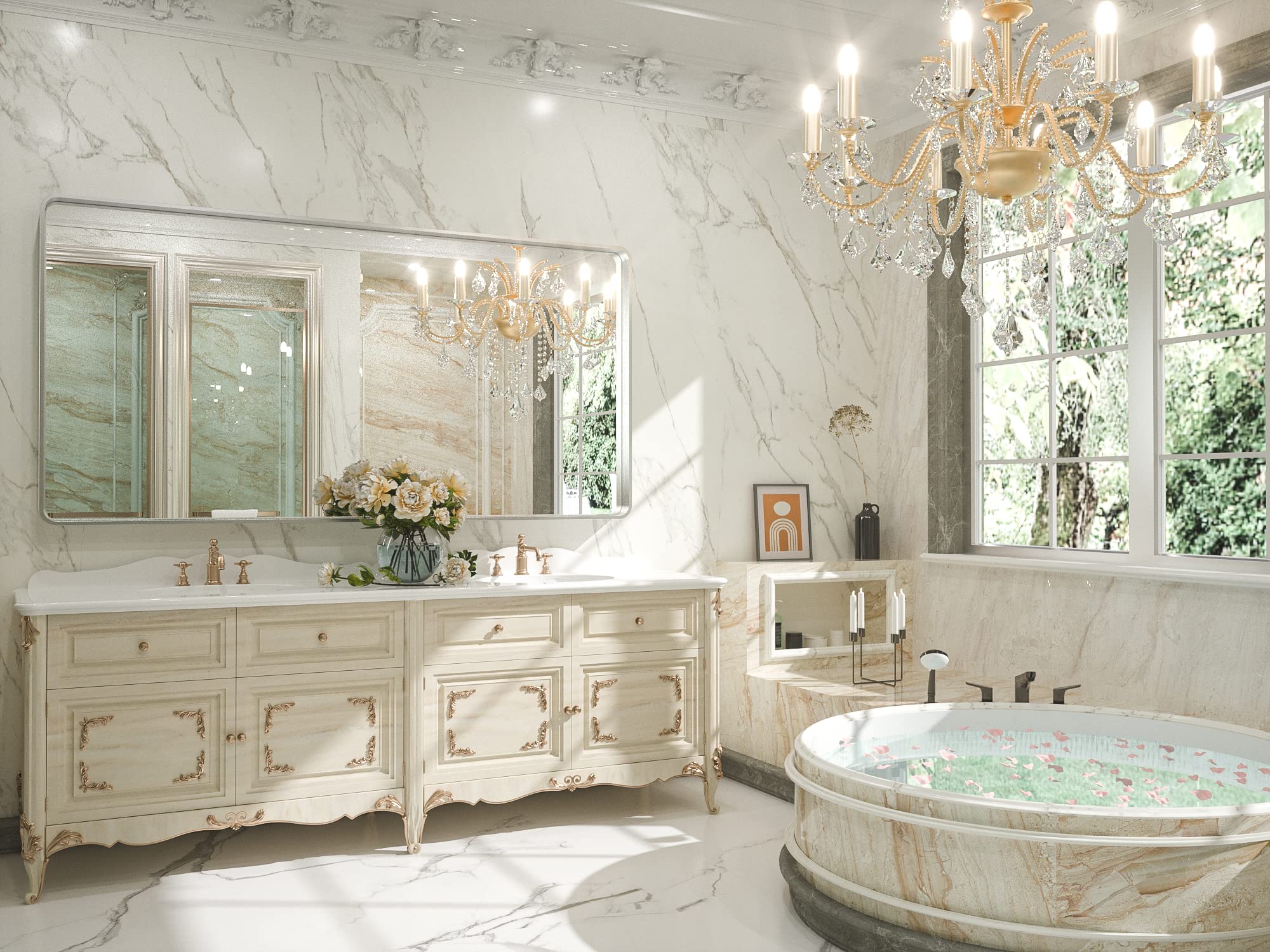 Tetote 60 X 30 Inch Silver Vanity Mirror, Brushed Nickel Rectangle Metal Framed Modern Mirrors For Bathroom, Farmhouse Round Cor