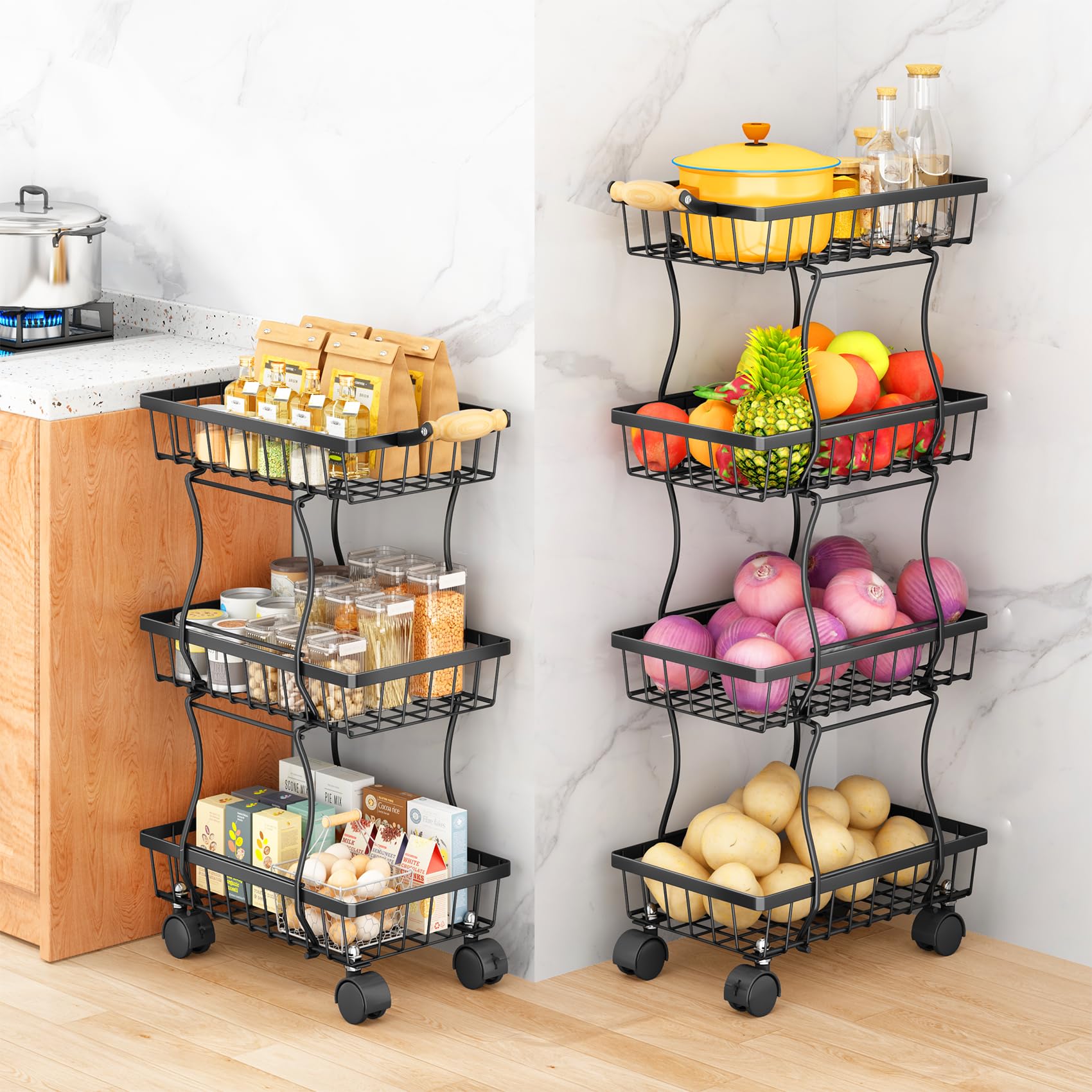 Fruit Vegetable Basket For Kitchen Organizers - 4 Tier Stackable Metal Wire Basket Stand, Black