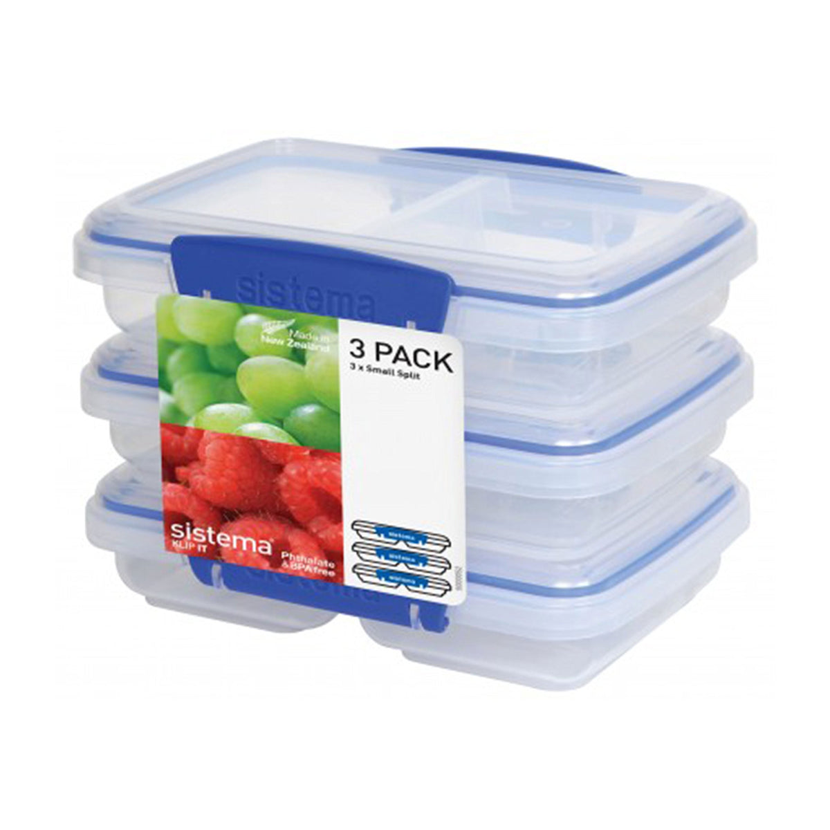 Sistema 3-Piece Food Storage Containers With 2 Compartments And Lids For Meal Prep, Dishwasher Safe, 11.8Oz, Clear/Blue, 3 Count