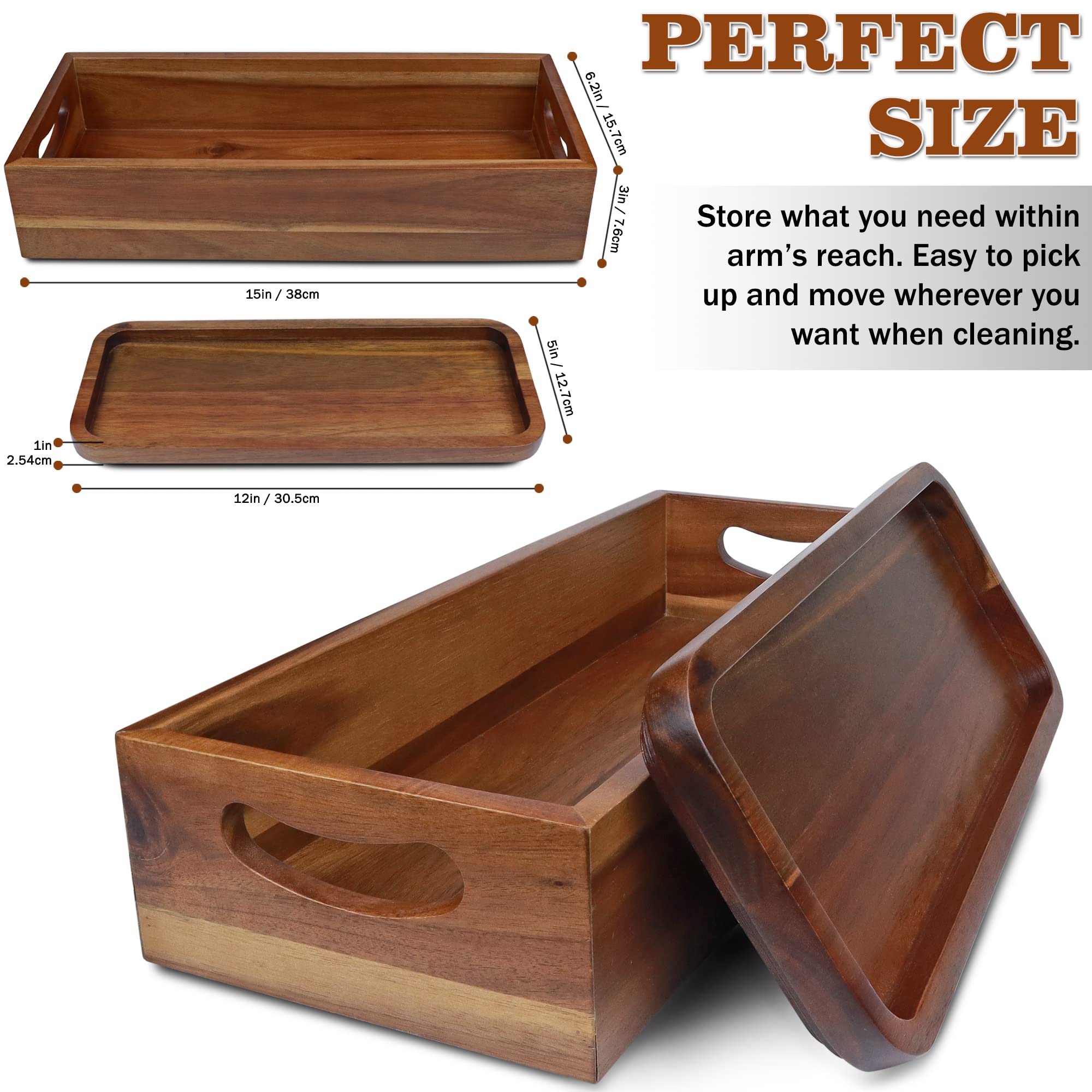 Handmade Toilet Tank Basket Topper & Vanity Tray Set Of Natural Acacia Wood By Demigo, Created By Skilled Artisans, Smooth, Dura