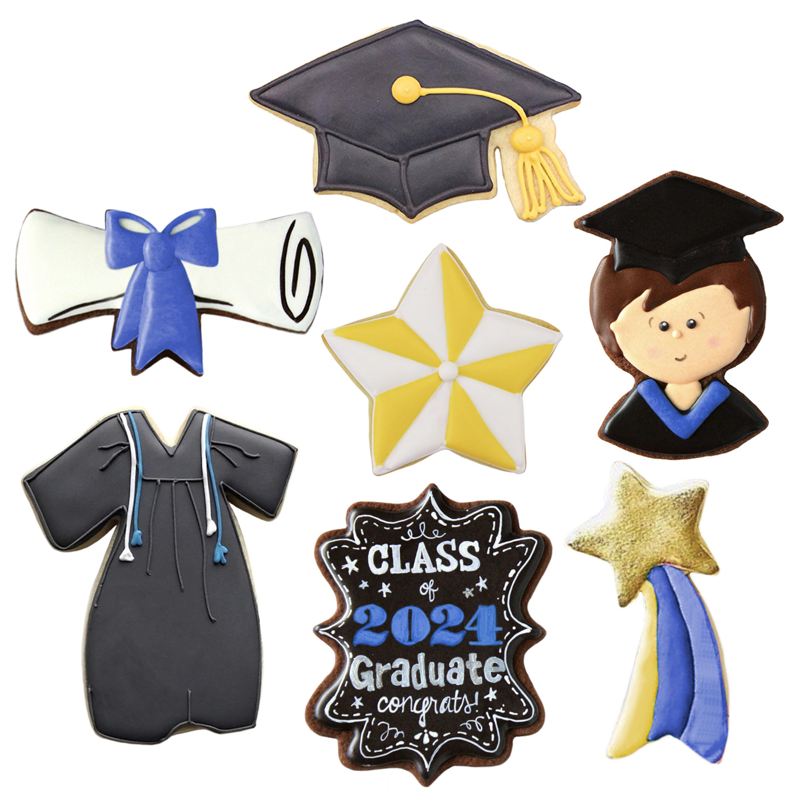 Graduation Cookie Cutters 7-Pc. Set Made In Usa By Ann Clark, Graduation Cap, Gown, Diploma, Graduate, Star, And More