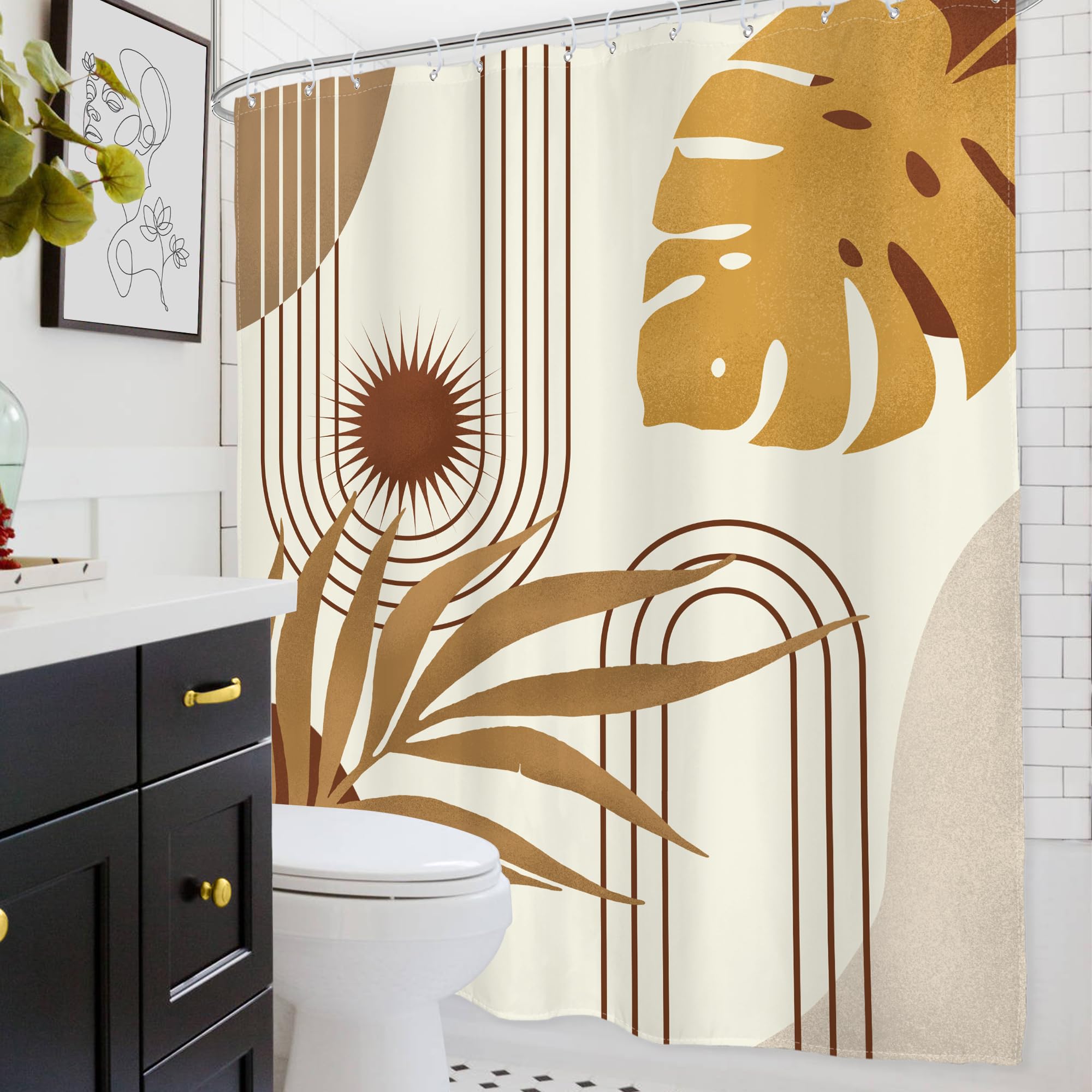 Glawry Boho Mid Century Shower Curtain Yellow Brown Abstract Tropical Palm Leaves Sun Bathroom Minimalist Geometric Arch Retro P