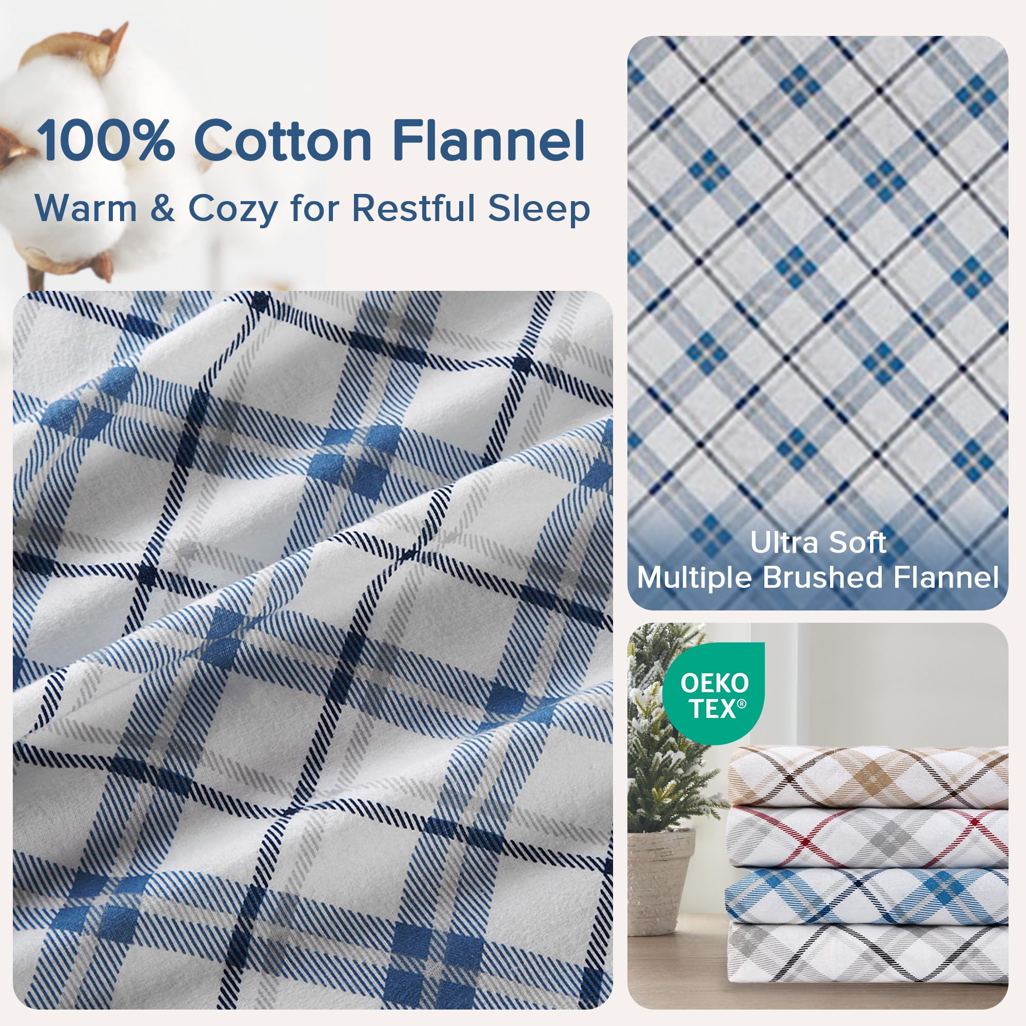Comfort Spaces Cotton Flannel Breathable Warm Deep Pocket Sheets With Pillow Case Bedding, Twin, Plaid Blue, 3 Piece