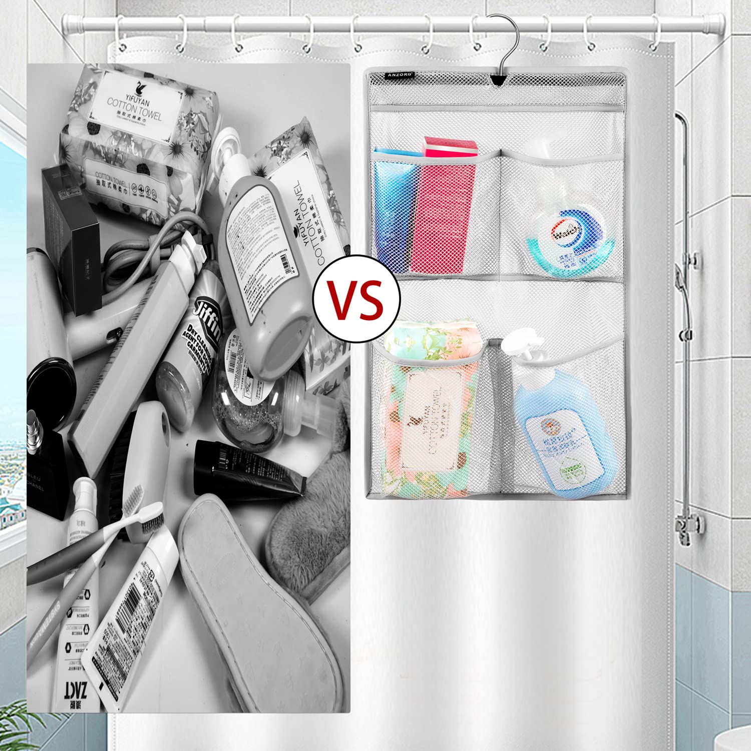 Anzorg Mesh Shower Organizer Hanging Caddy Quick Dry Bathroom Storage For Toiletry Accessories With Rotating Hanger (4 Pockets)