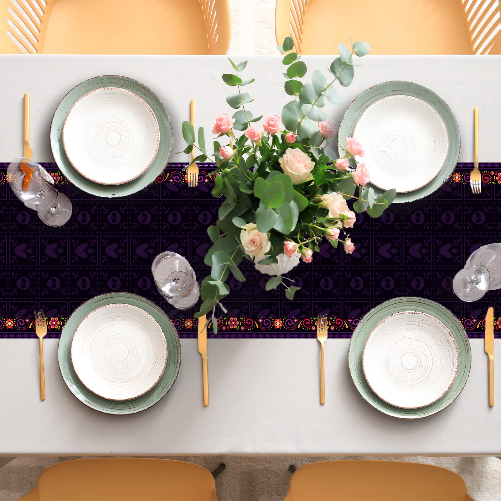 Linen Purple Day Of The Dead Table Runner Dia De Los Muertos Tablecloth Mexican Halloween Sugar Skull Home Kitchen Dining Table