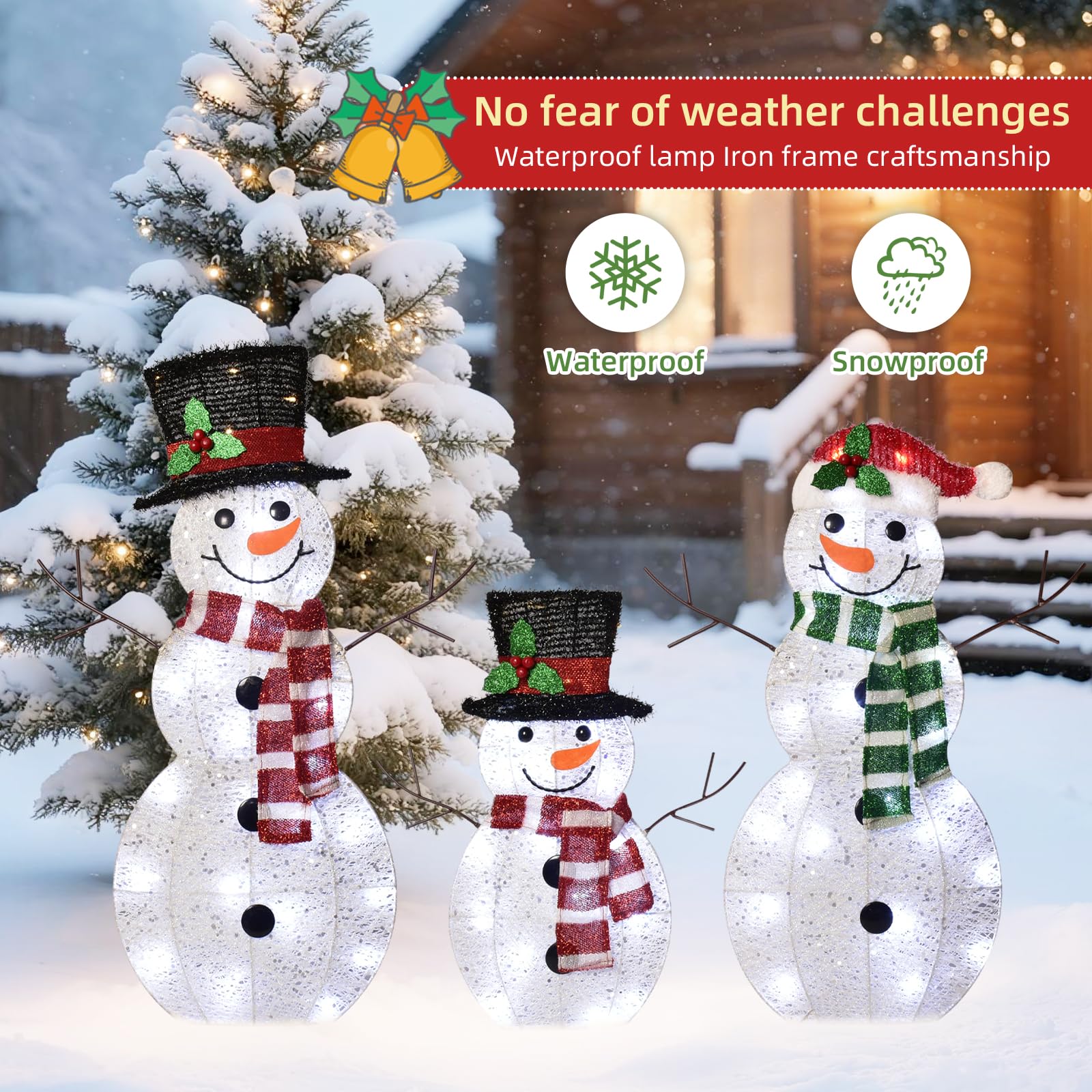 Holilite 3-Piece Light-Up Christmas Snowman Family Set - Large Outdoor Decoration with 80 LED Warm White Lights, Metal, White