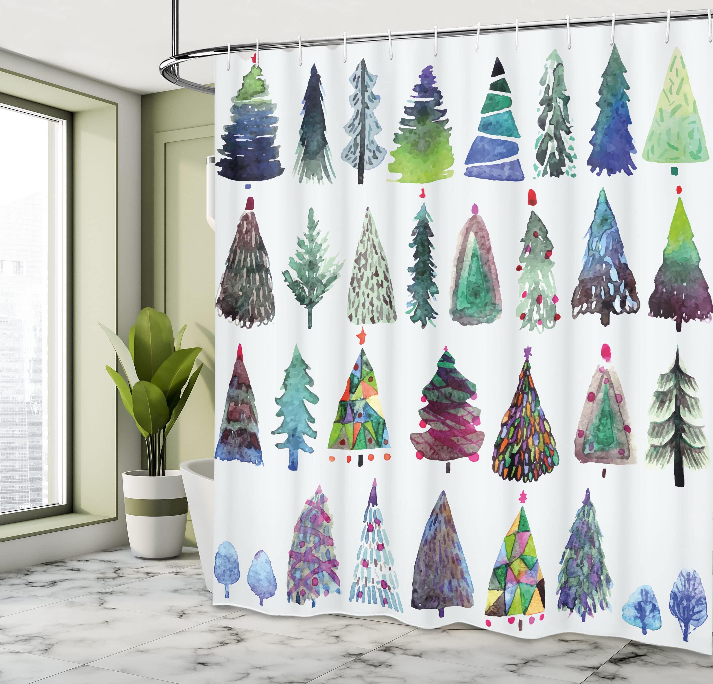 Ambesonne Christmas Shower Curtain, Watercolor Christmas Theme Fir Trees Artistic Abstract Silhouettes Illustration, Cloth Fabri