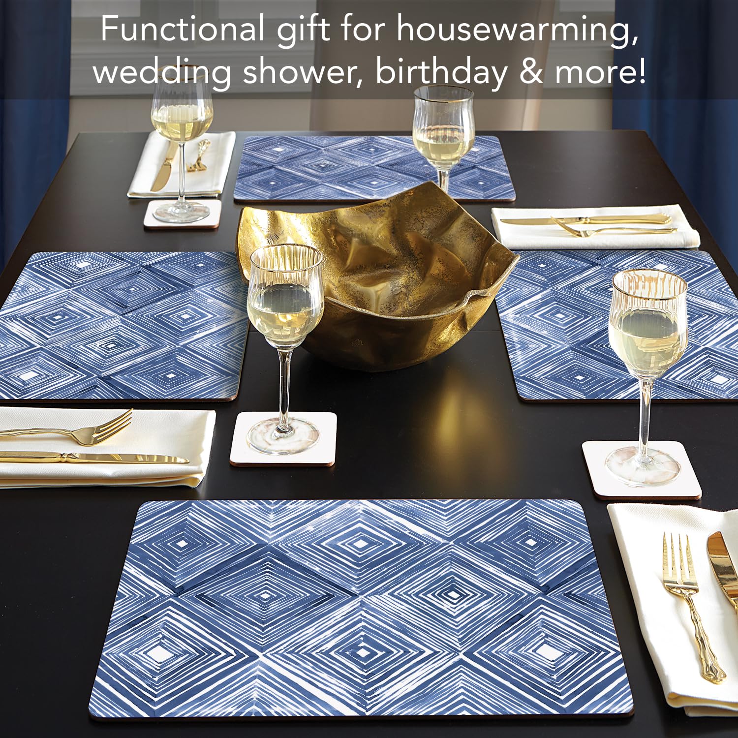 Counterart Indigo Diamond Decorative Hardboard Placemats With Protective Cork Backing 4 Pack Layered Construction Heat Tolerant