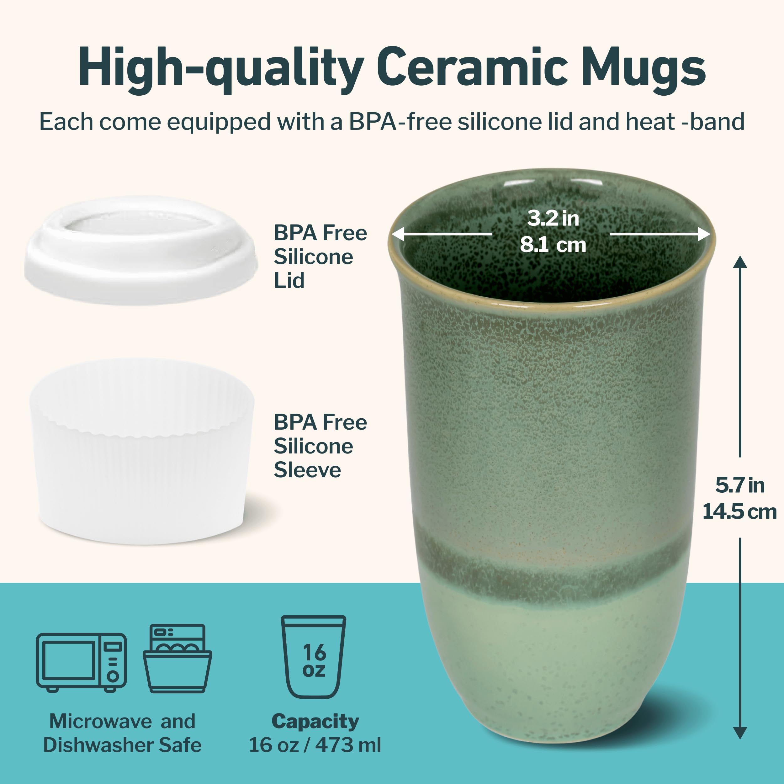 NOVA CERAMICS Coffee Travel Mug - Reusable Coffee - Microwave & Dishwasher Safe Coffee Green Tumbler - Gifts For Women Men Him H