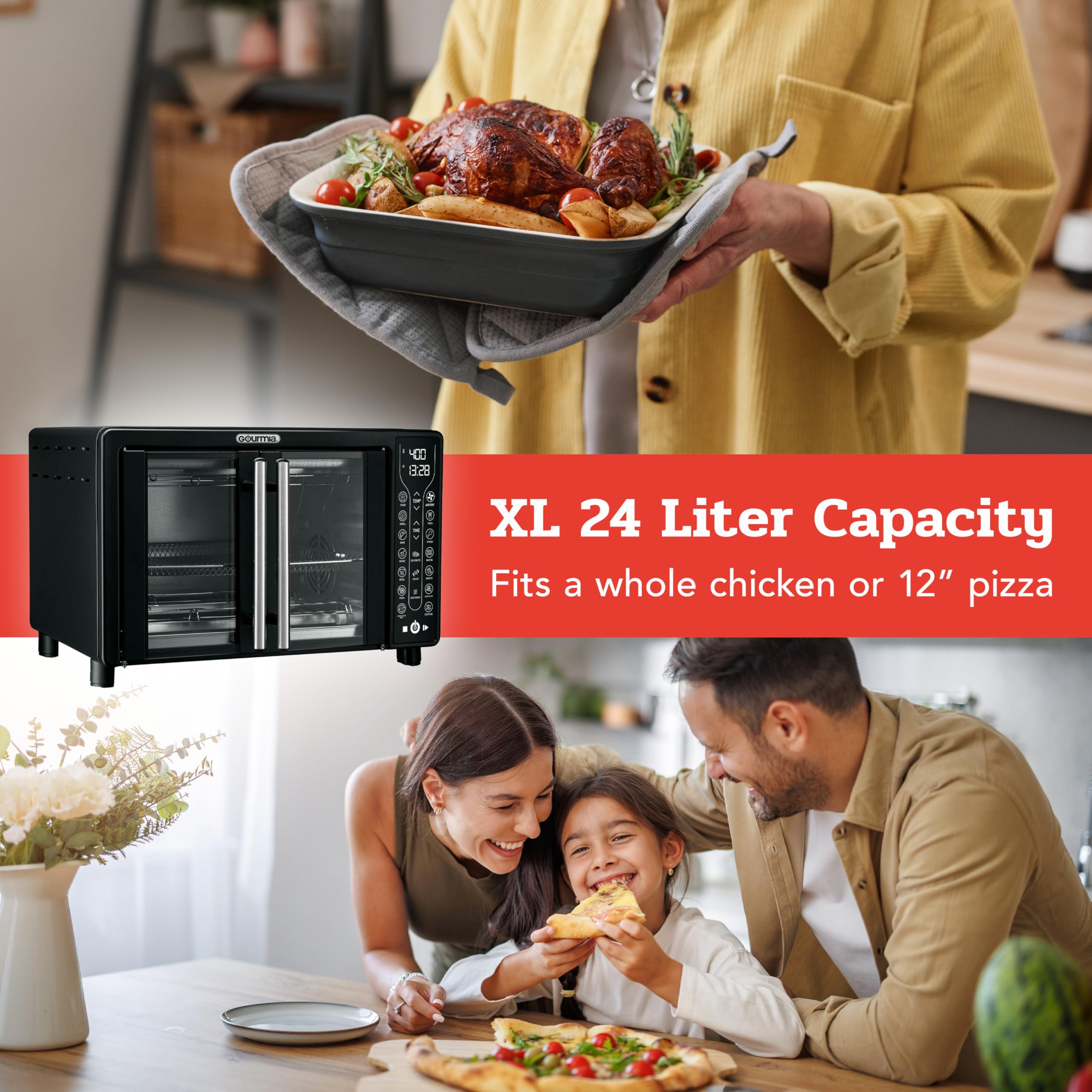 Gourmia Toaster Oven Air Fryer Combo, 1700W, 24L Capacity, Large, Black, Model GTF7460, 17 Cooking Presets, Includes Accessories