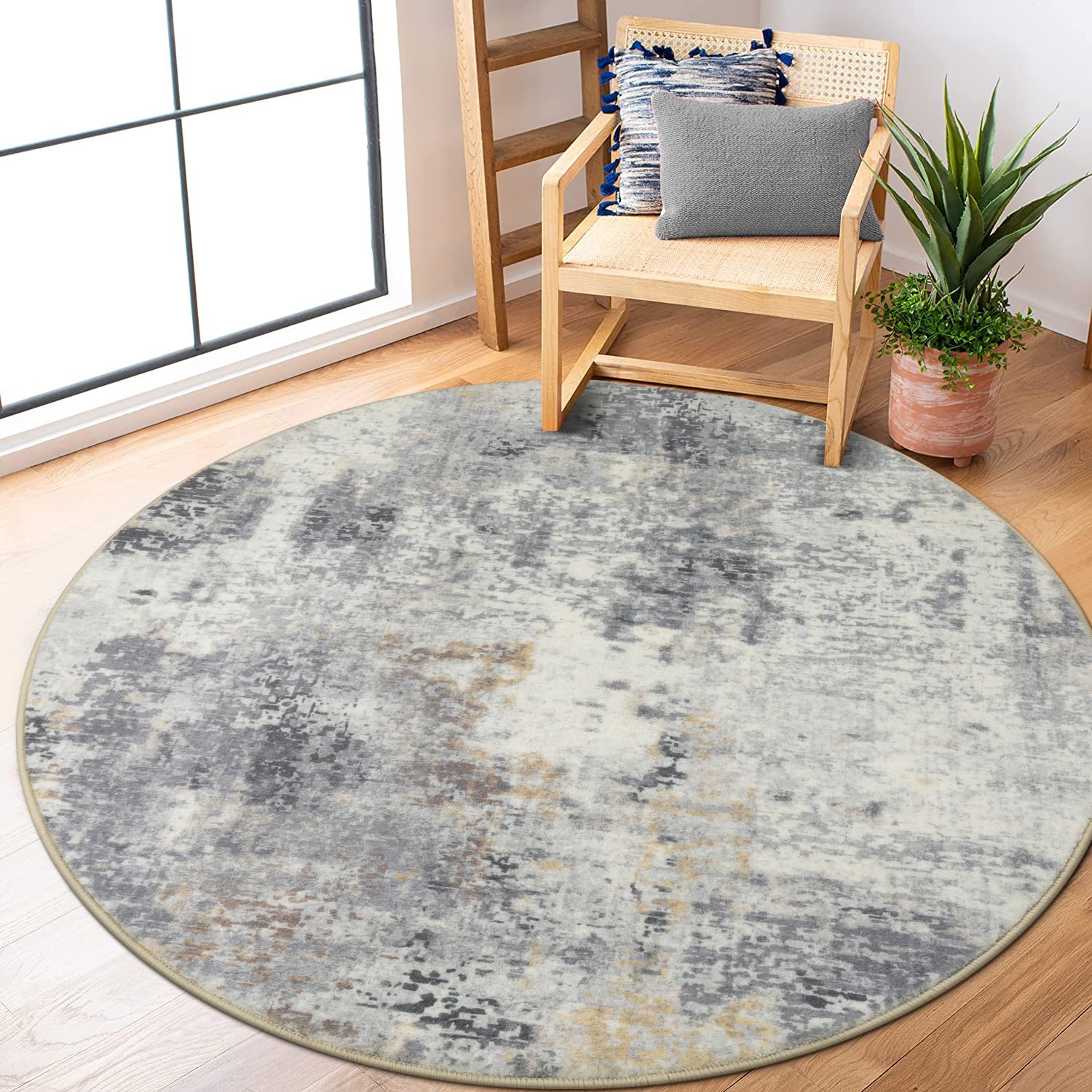 Lahome Modern Abstract Round Rug - 5Ft Grey Living Room Rugs Washable Bedroom Circle Rugs Indoor Dining Table Mat, Soft Non Slip