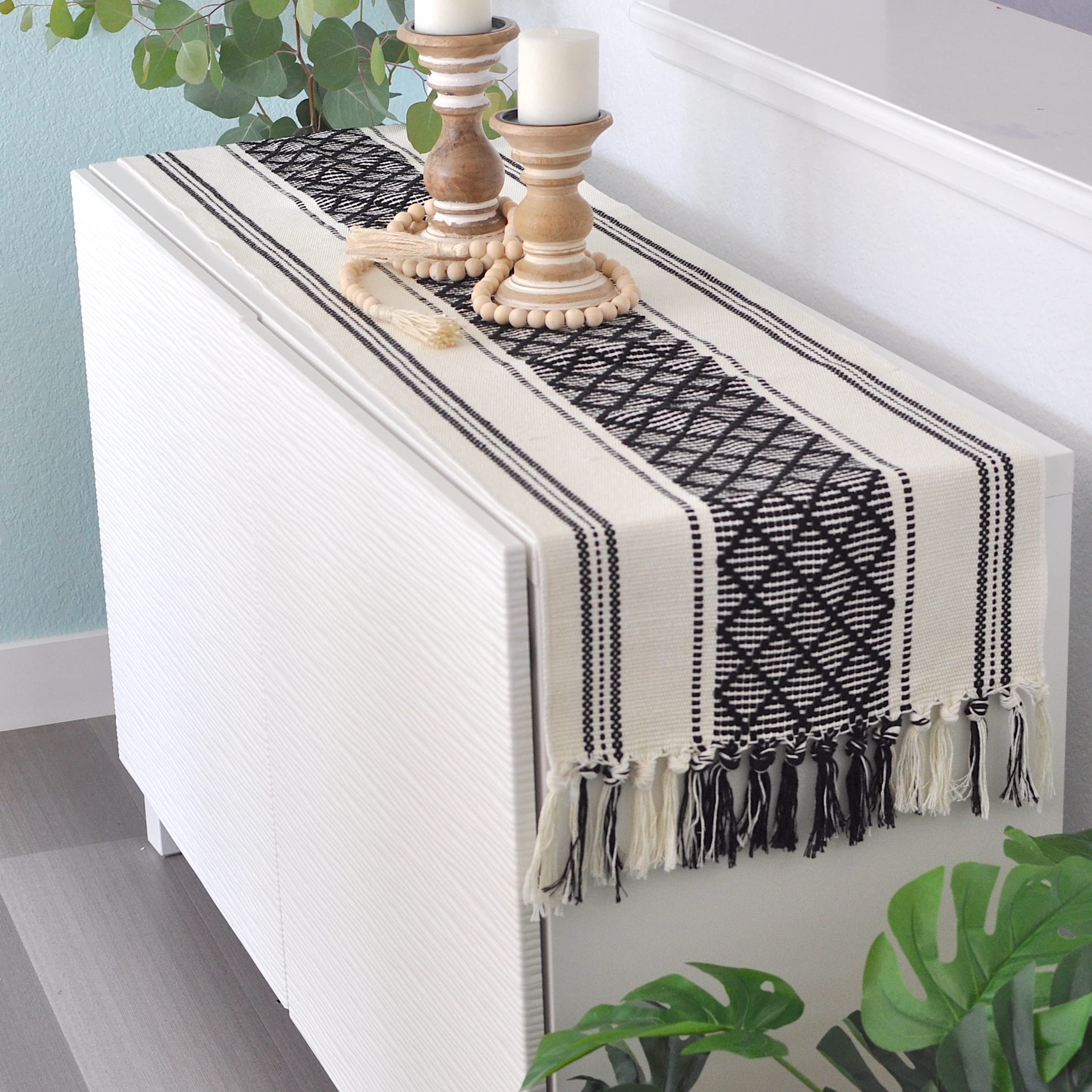 Oveesha Boho Short Coffee Table Runner With Tassels 14 X 48 Inches, Black & Cream/Woven Washable Dresser Scarf And Topper For Be