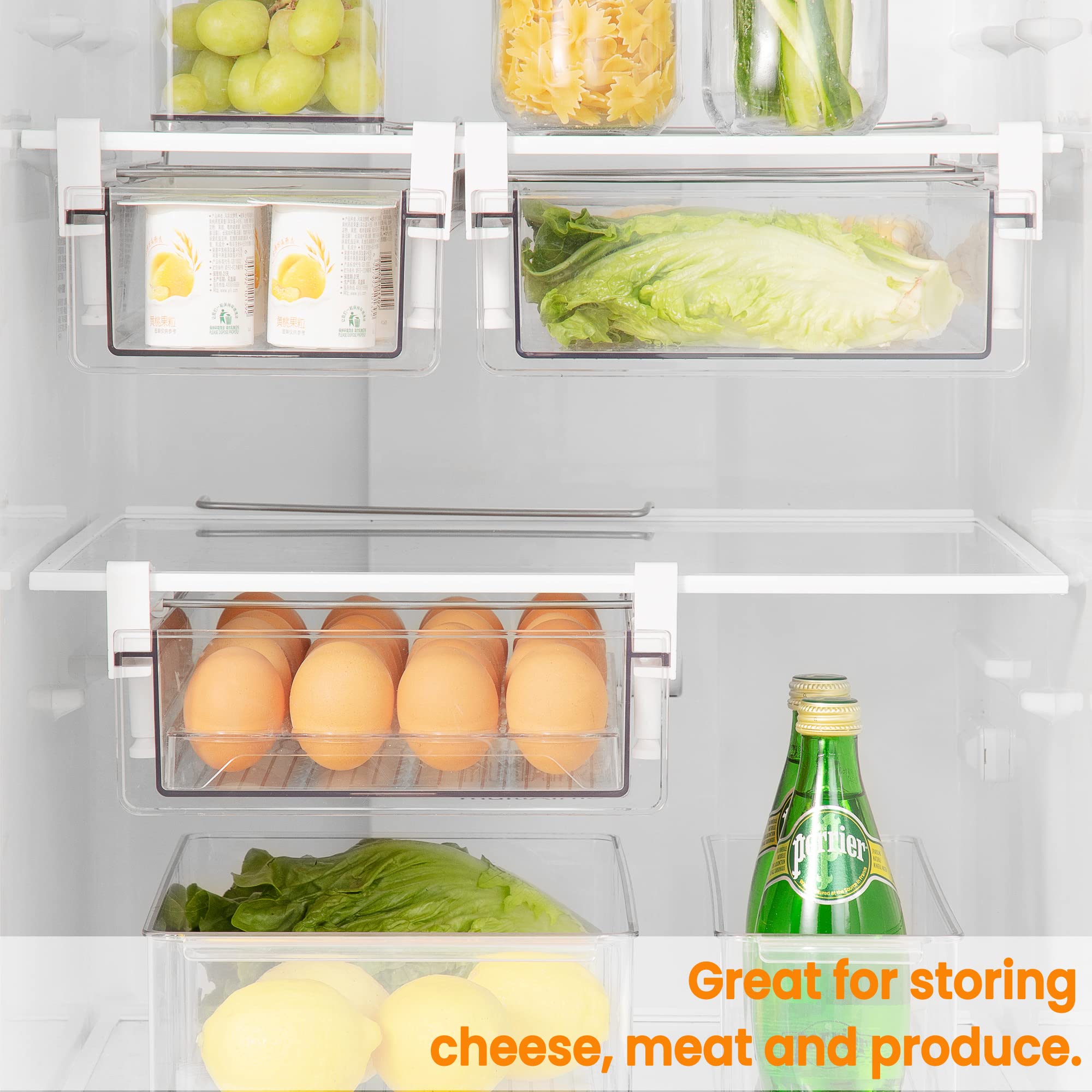 vacane Refrigerator Drawer with Removable 28 Grid Egg Tray  Clear Plastic Fridge Organizer Bins  Fridge Storage Container Under Shelf Holder for Fruit Vegetable Meat Cheese Easy to Install-Egg Holder